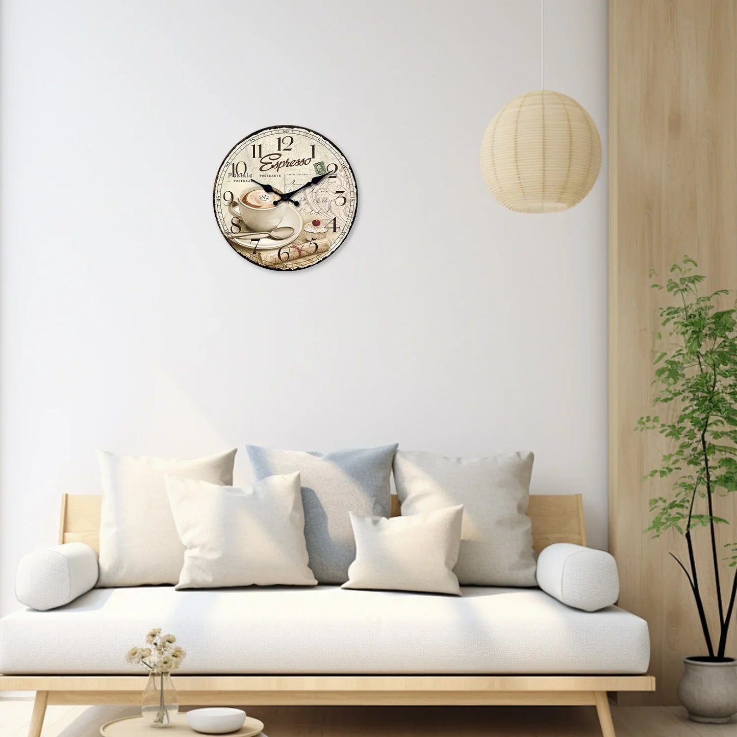 European Retro Coffee Cup Pattern Wooden Wall Clock for Kitchen, Home Decoration, Silent Quartz Clock,