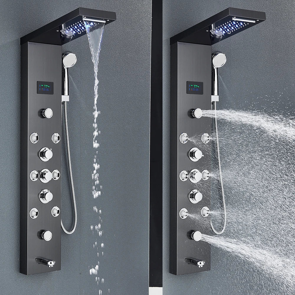 LED Shower Panel Tower System Rain Waterfall Shower LCD Display With Massage  Shower Faucet