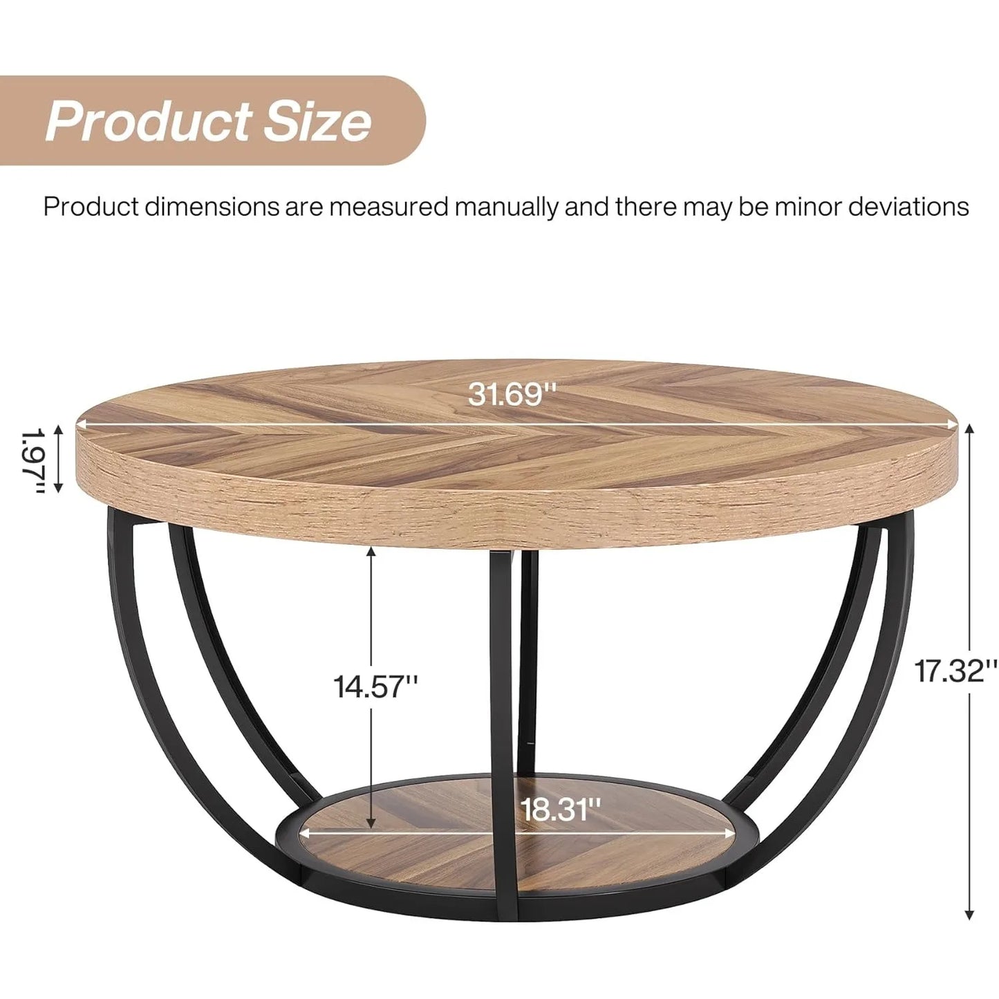 32" Circle Marble Coffee Tables, 2-Tier Golden Metal Legs