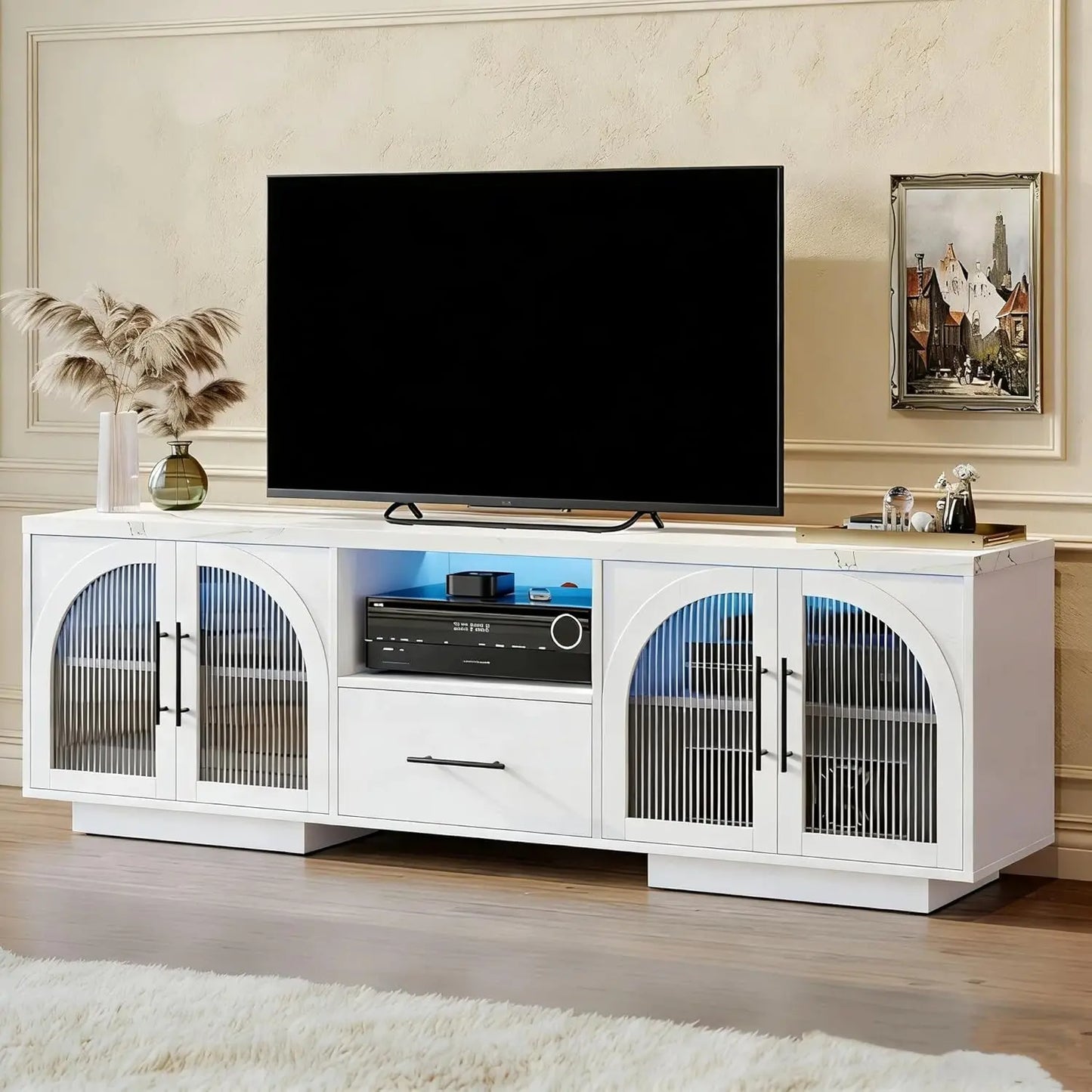 70 Inch TV Stand for 80 Inch TVs Entertainment Center with LED Lights Arched Glass Doors
