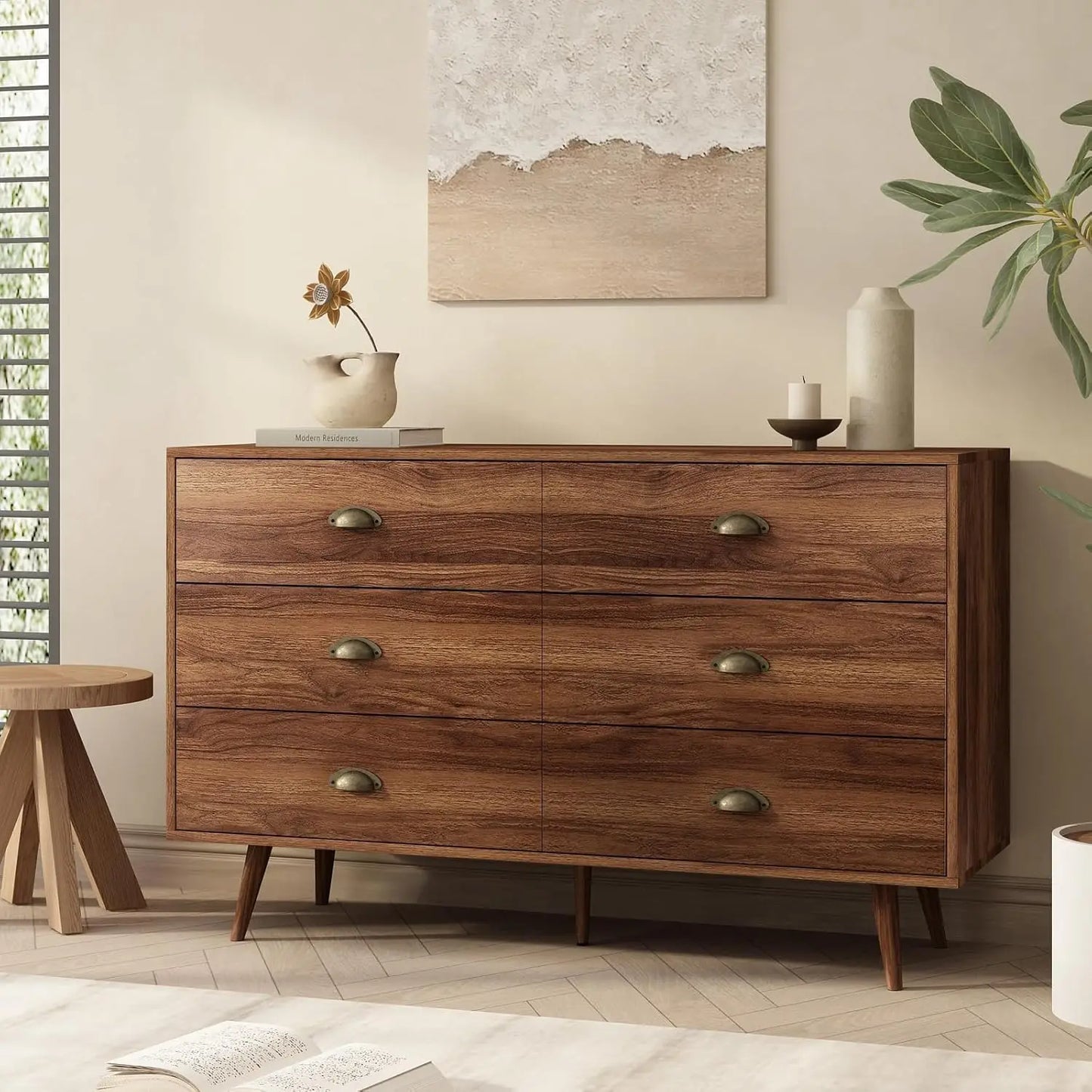 Walnut Brown Dresser  6 Drawer with Wide Drawers and Metal Knob