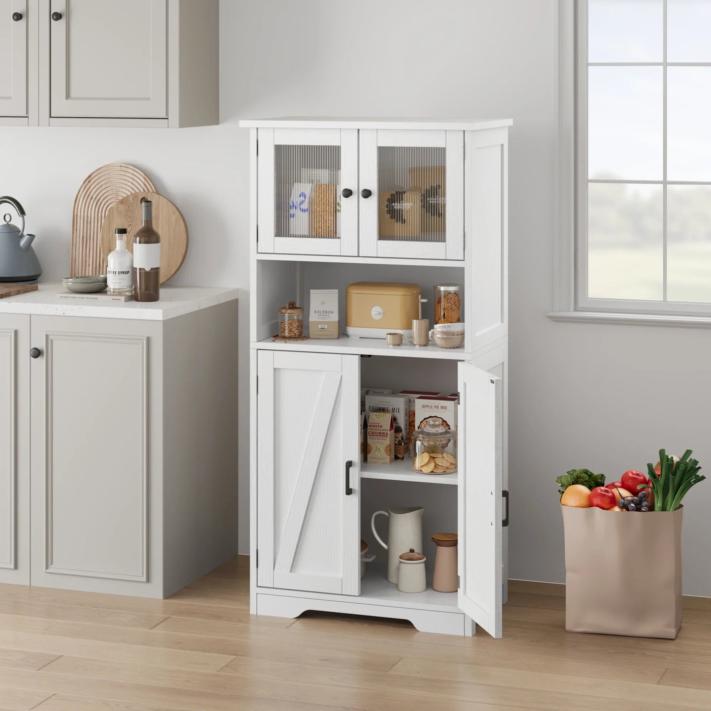 Free Standing Kitchen Pantry Cupboard with 4 Doors with Tempered Glass Doors