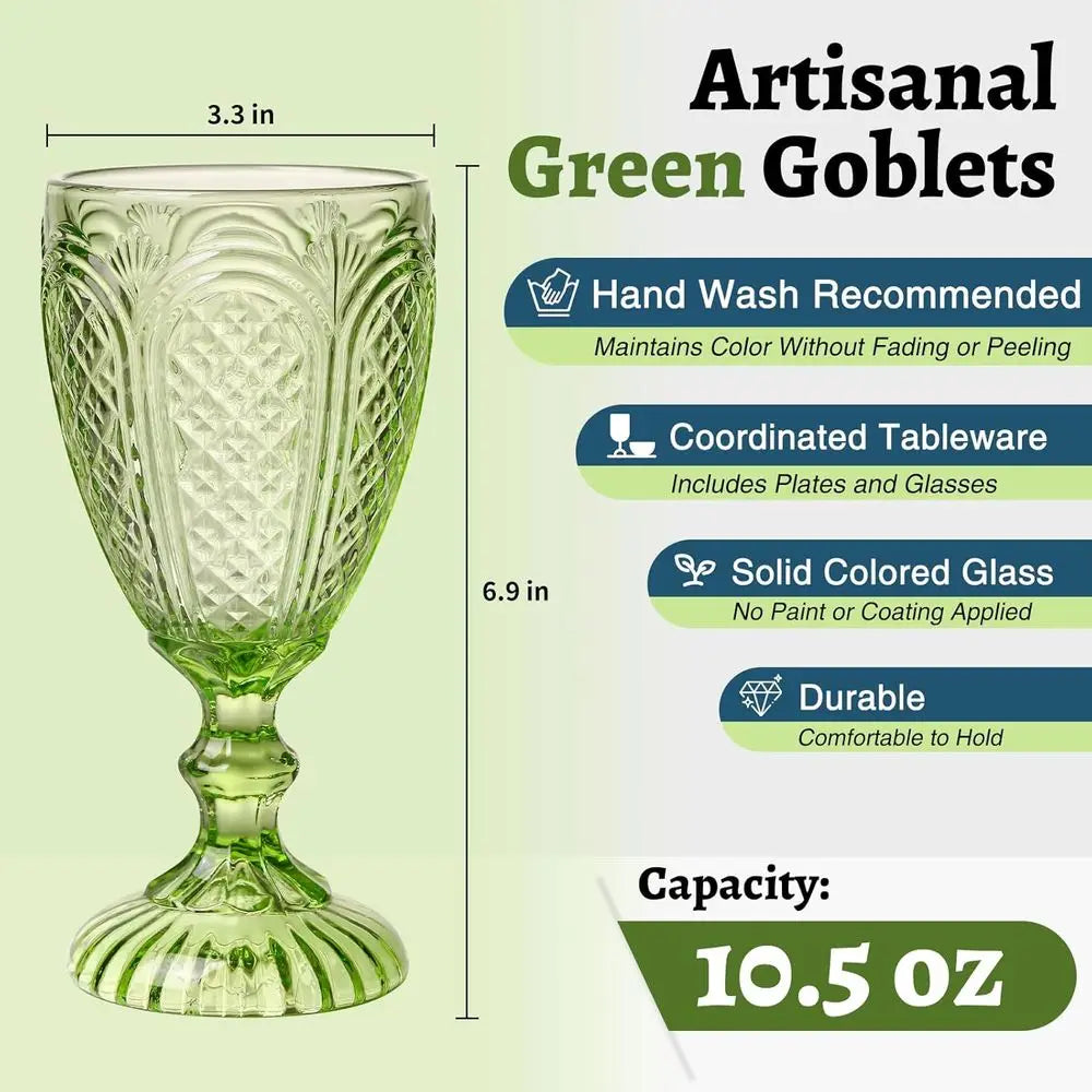 Vintage Green Glassware Set of 6, 10.5 OZ