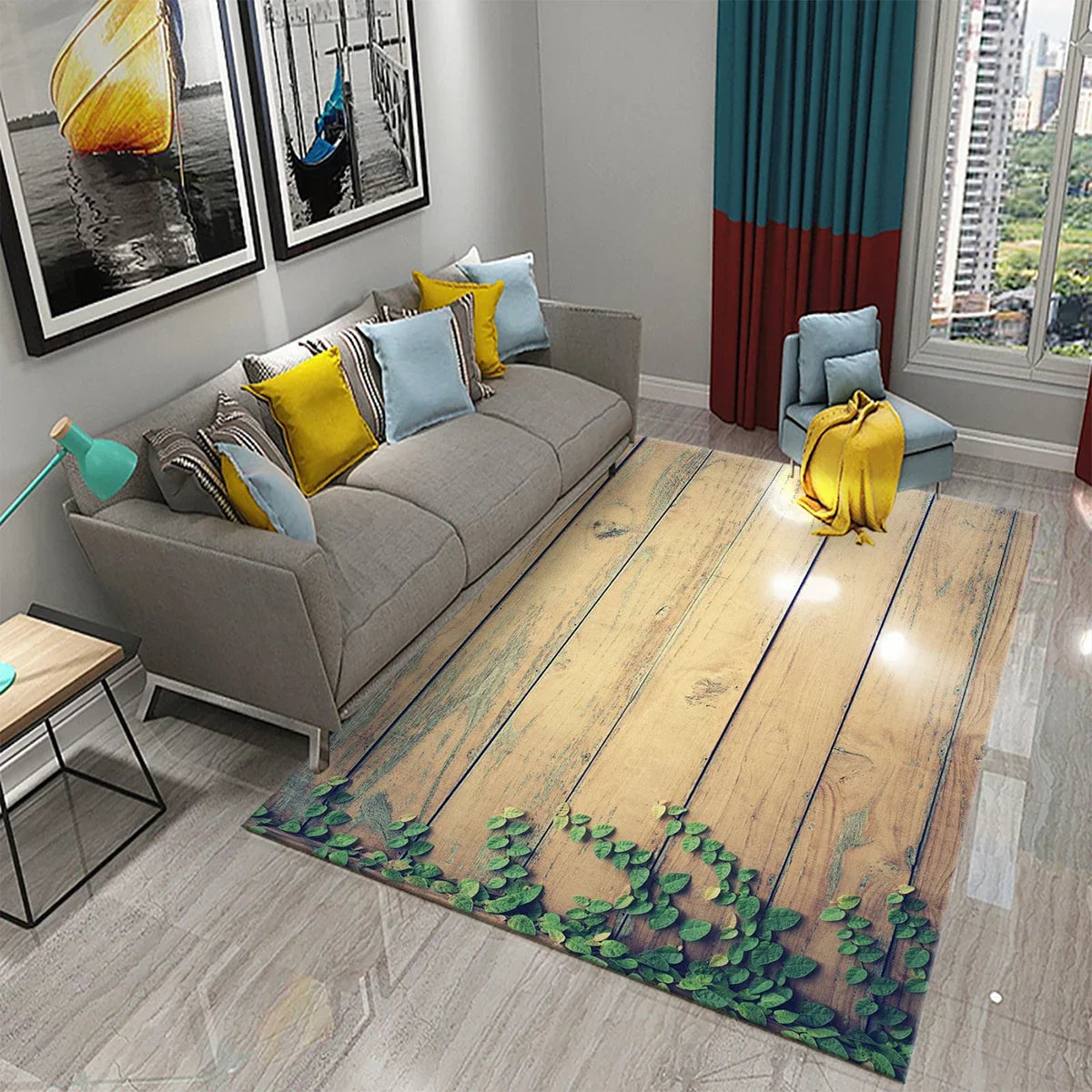 Rectangular Staggered 3d Planks Carpet Geometric Wood Grain Non-Slip Floor Rug