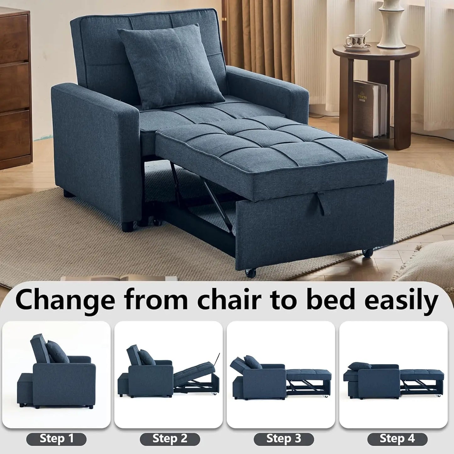 3-in-1 Sleeper Sofa Bed with Reclining Backrest, Convertible Futon Couch,  for Small Spaces (Blue)