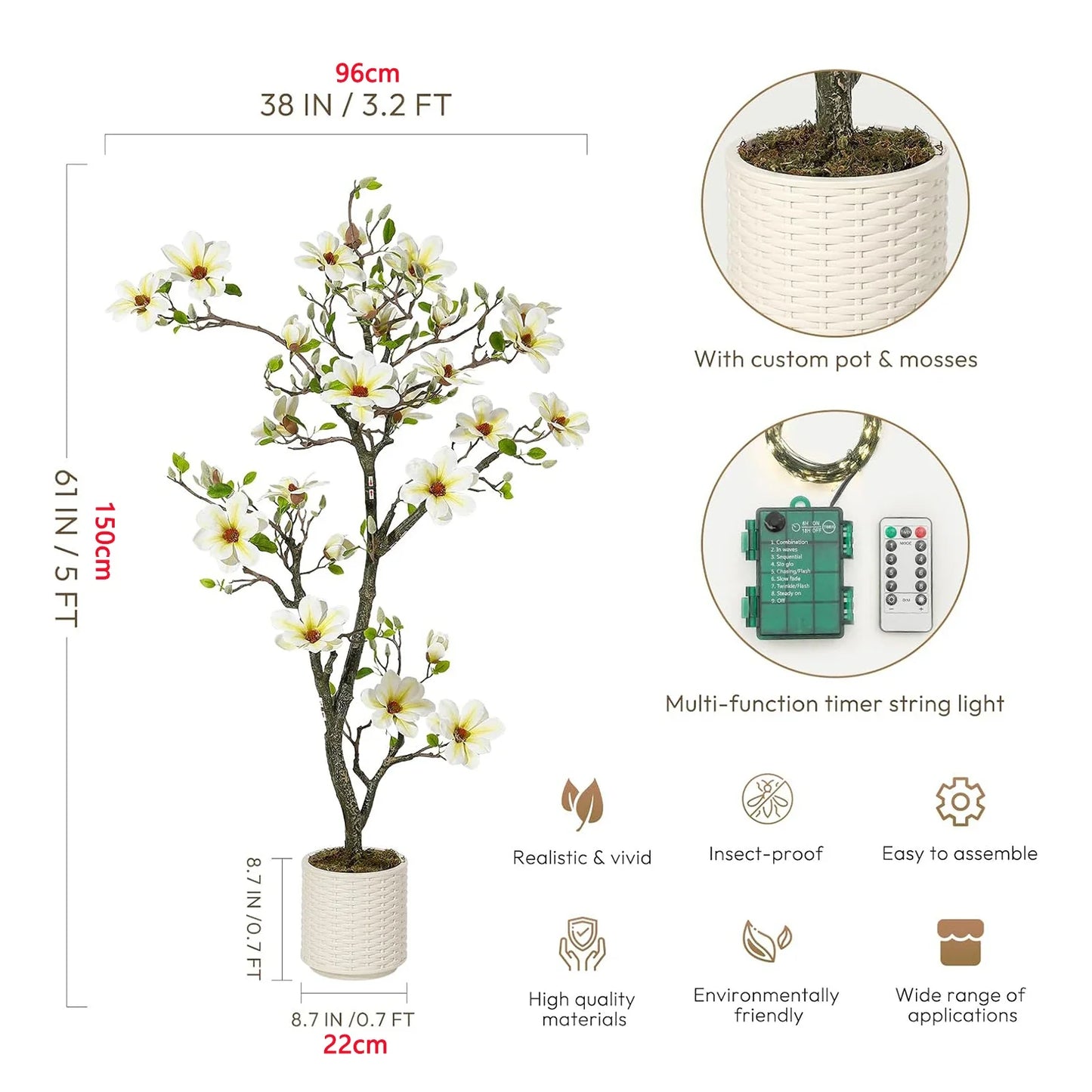 Artificial Magnolia Plant Faux Flower Trees  with LED Light for Yard Patio Home