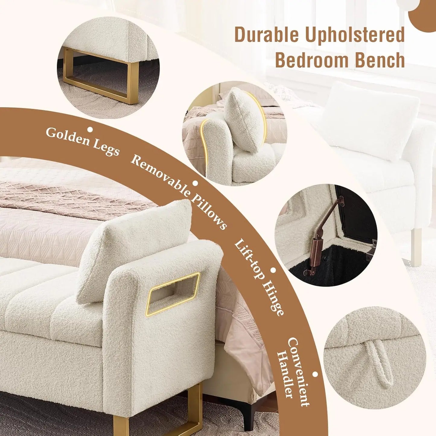 66'' King Size Storage Bench with Gold Legs, Cream White Teddy Ottoman