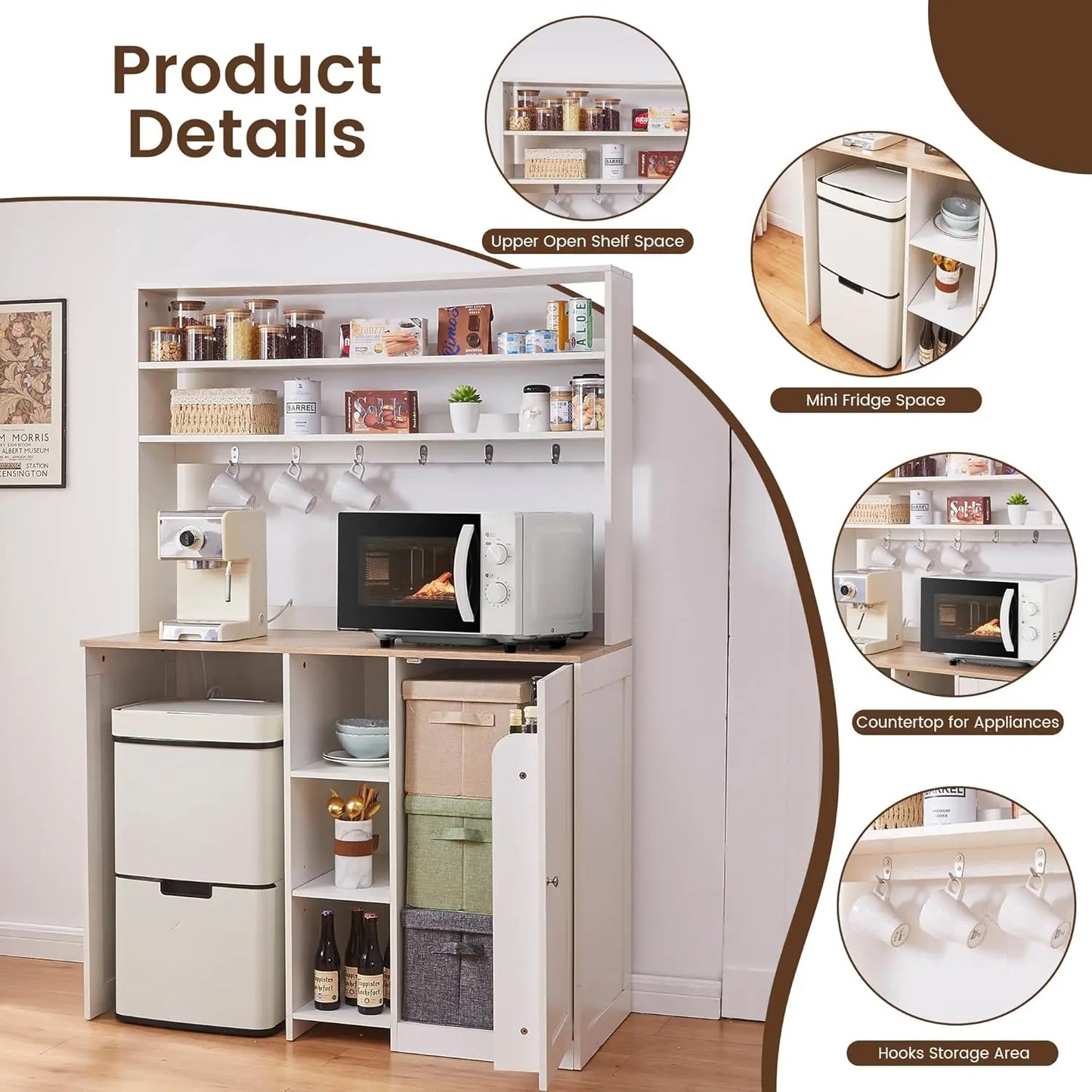 Mini Fridge Cabinet with Storage, Coffee Bar & Power Outlet - Kitchen Beverage Station