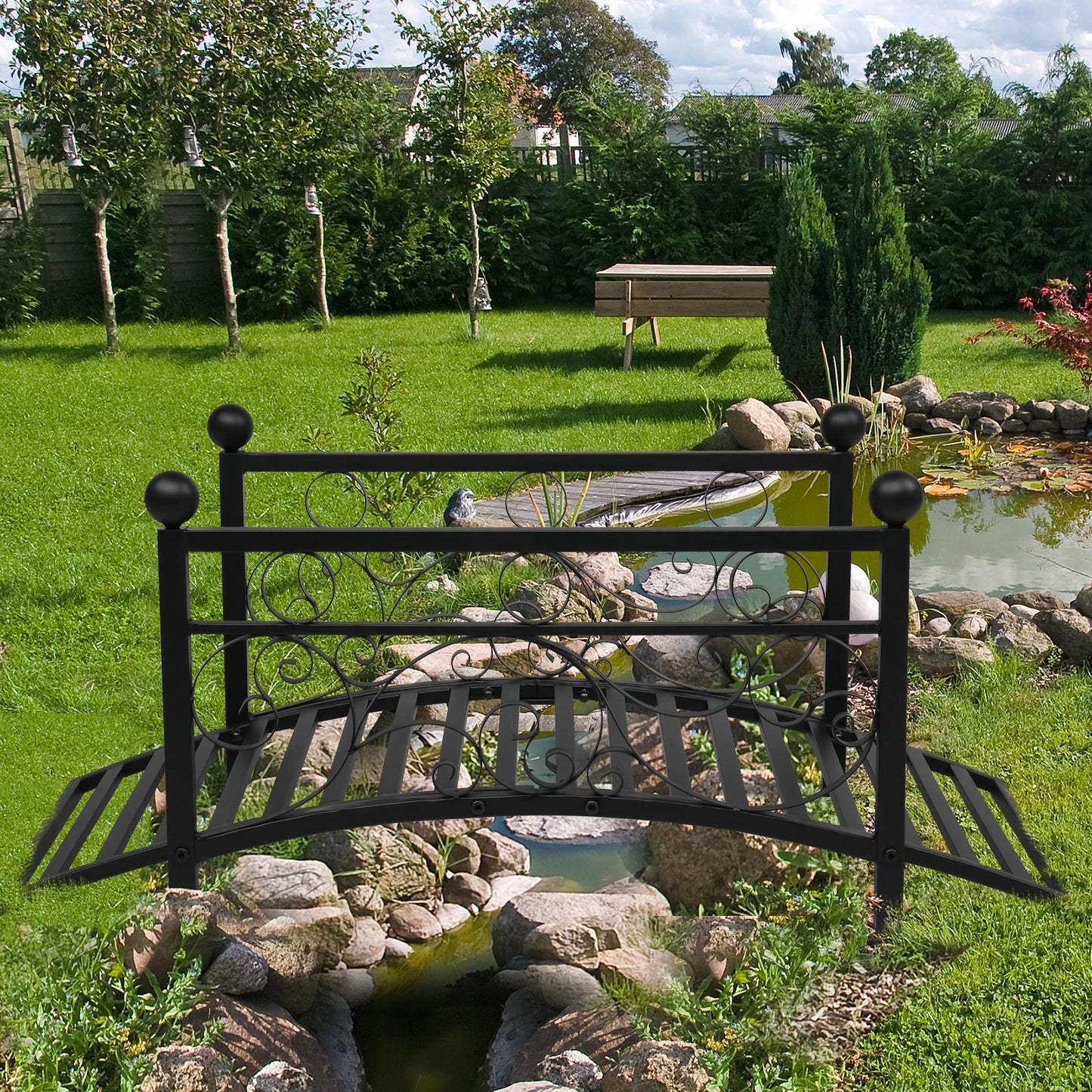 Garden iron bridge, with round iron ball flat-top handrails, black