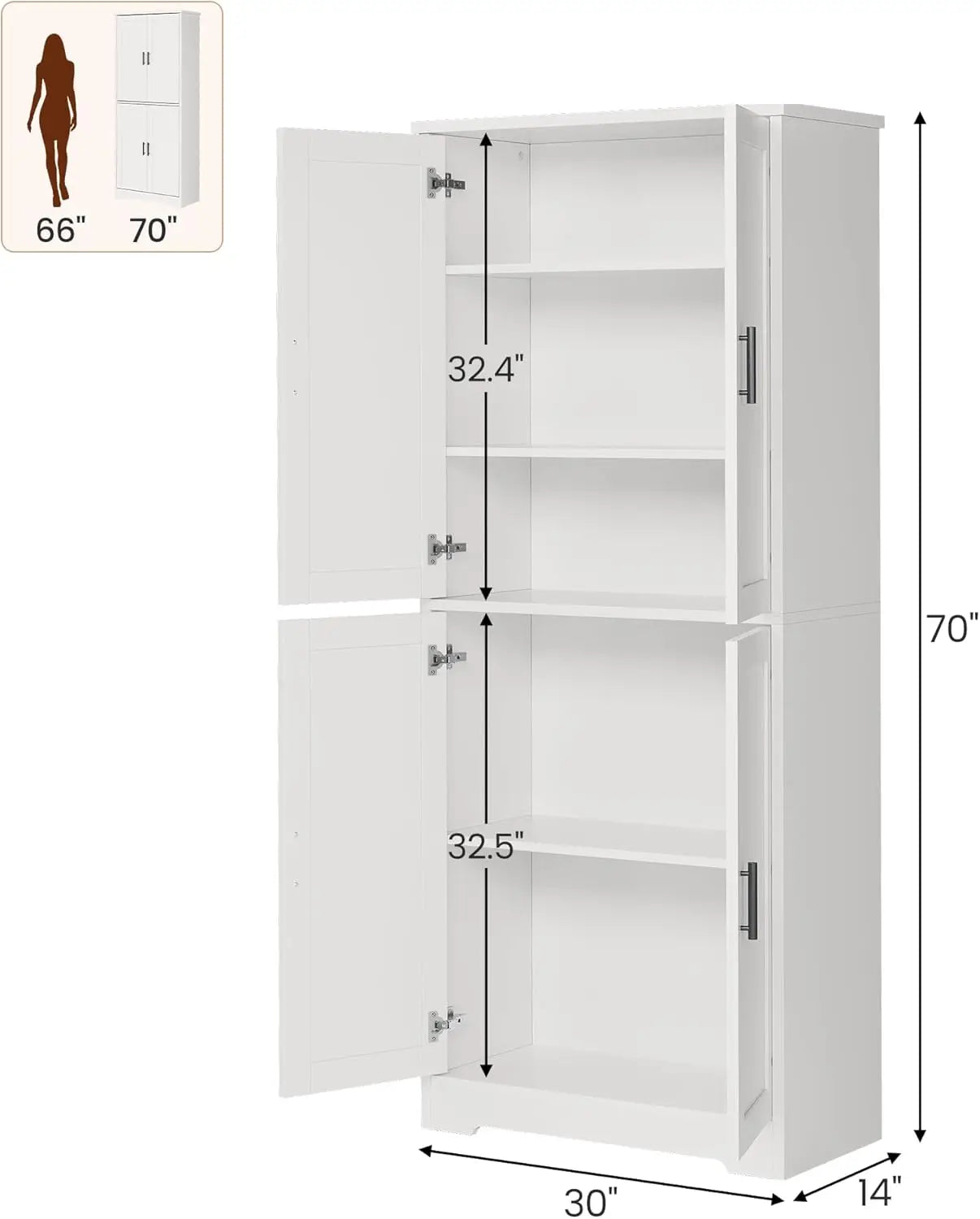 70 Inch Tall Kitchen Pantry Cabinet, Freestanding Storage Cabinet with 4 Doors and Adjustable Shelves,