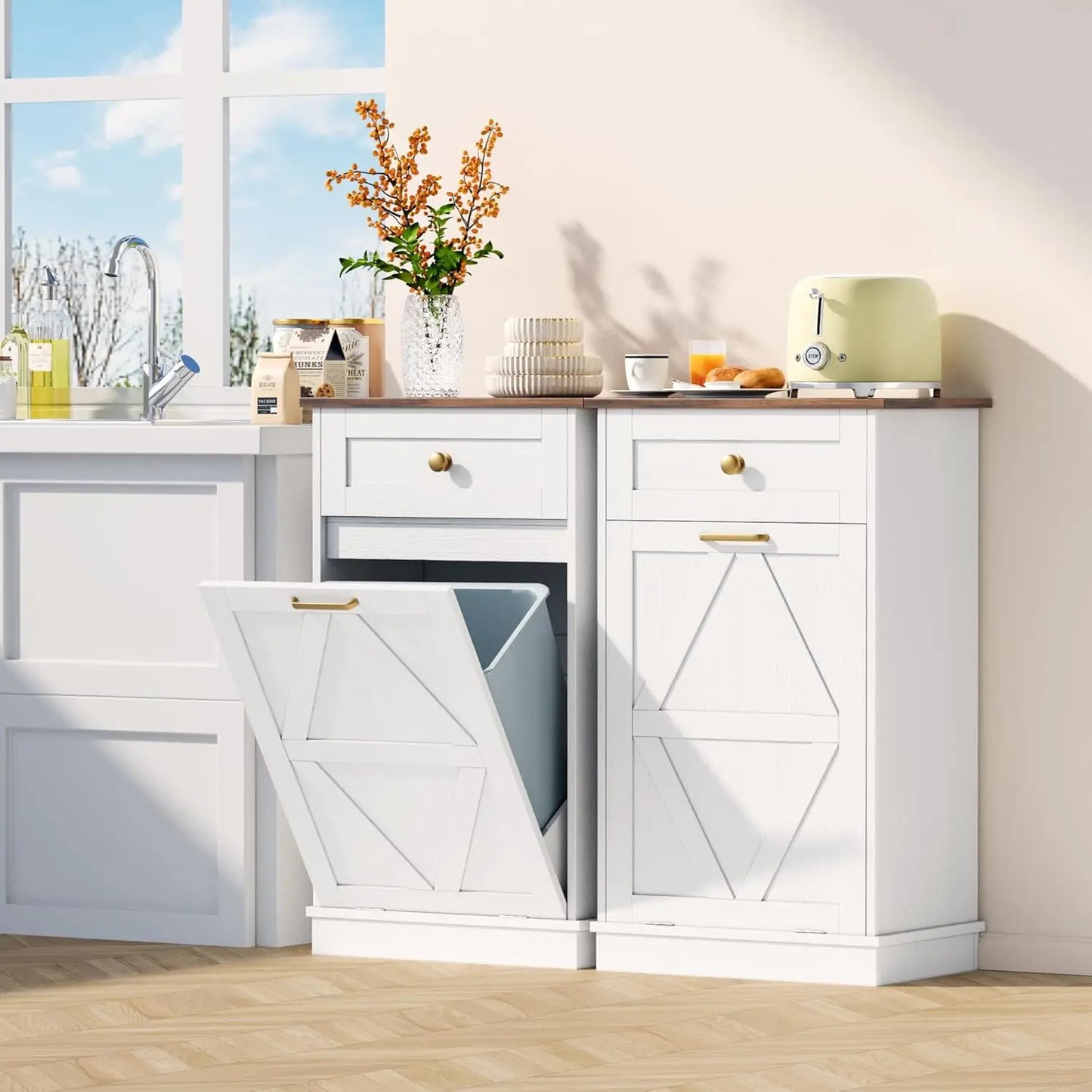 Tilt Out Trash Cabinet 10 Gallon, Woodern Hidden Trash Can Holder, for Kitchen, Laundry Sorter (White)