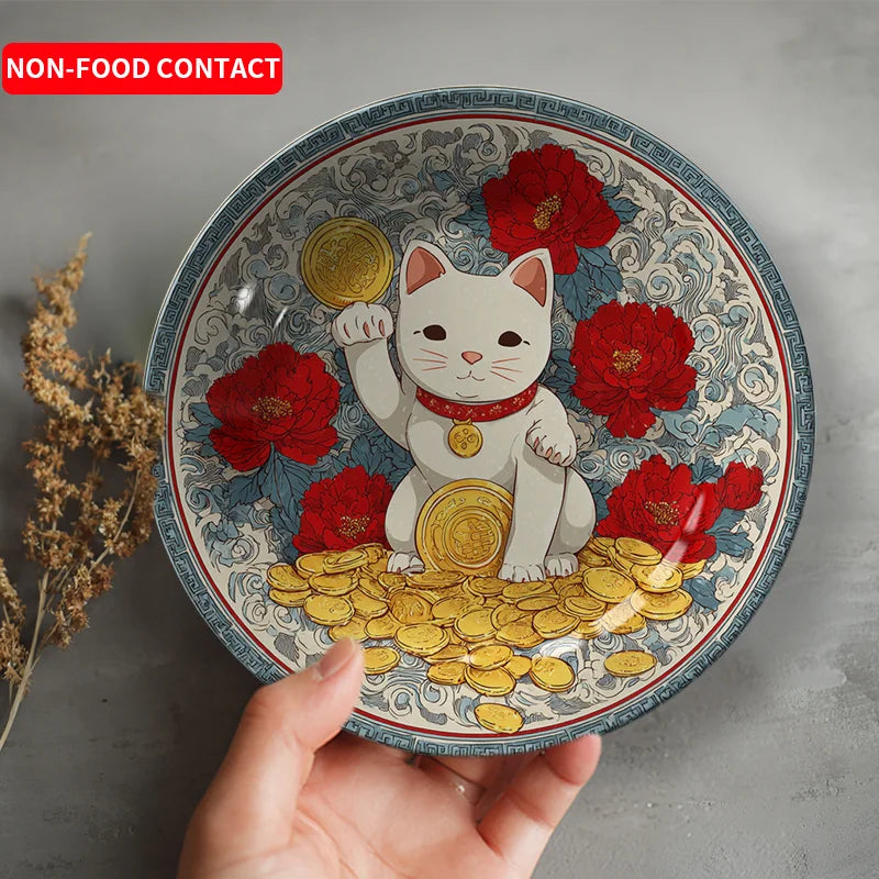 2D Flat, 8-Inch Round Plate  Decorative Ceramic Lucky Cat  1pc White Design