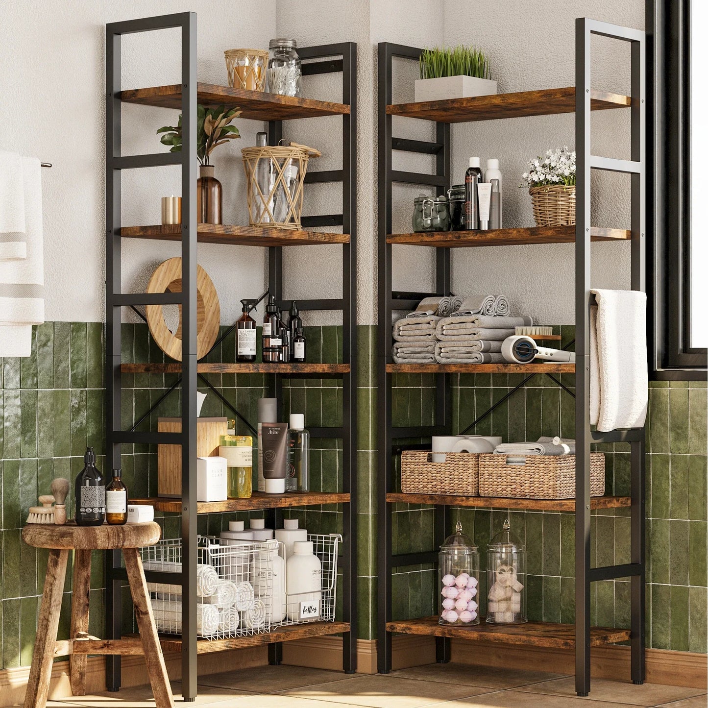Triple 5 Tier Bookshelf, Large Wooden Bookcase with 17 Open Display Shelves Metal Frame