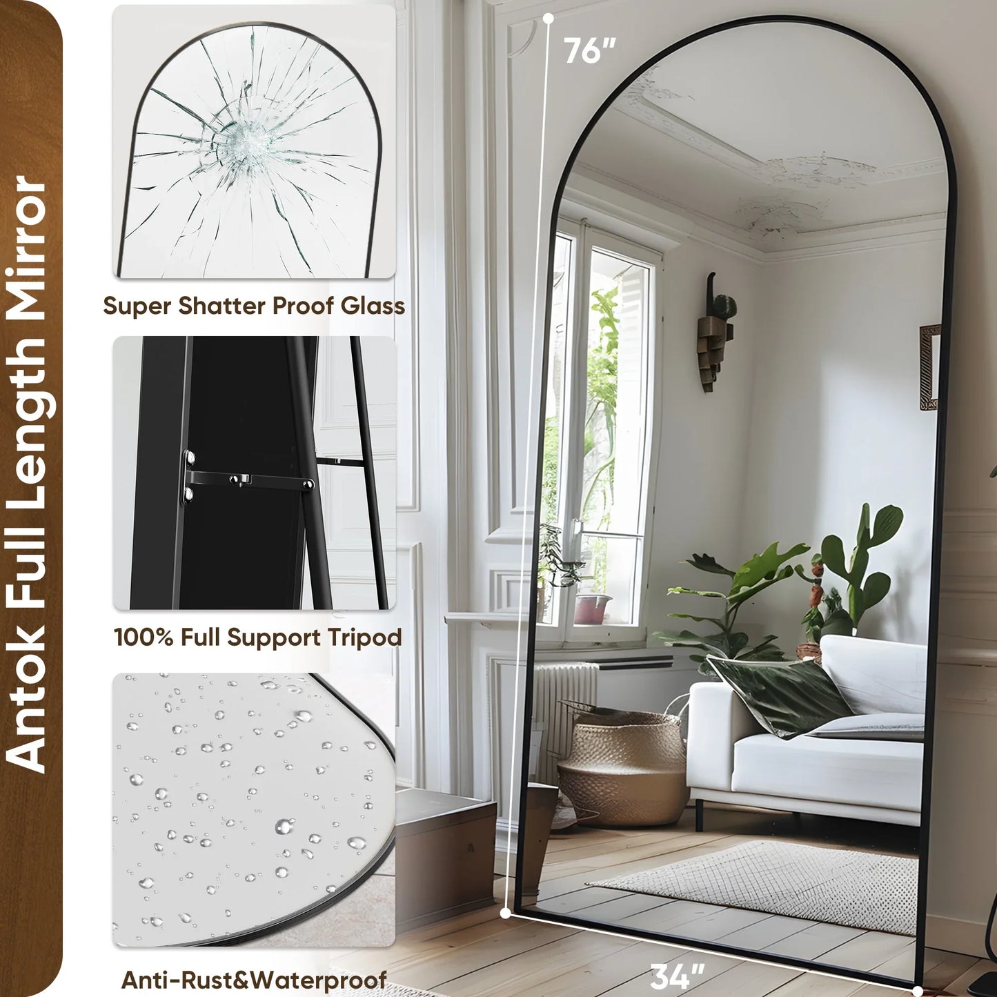 Arch Floor Mirror, 76"x34" Full Length Mirror - Freestanding  with Stand for Bedroom or Living Room