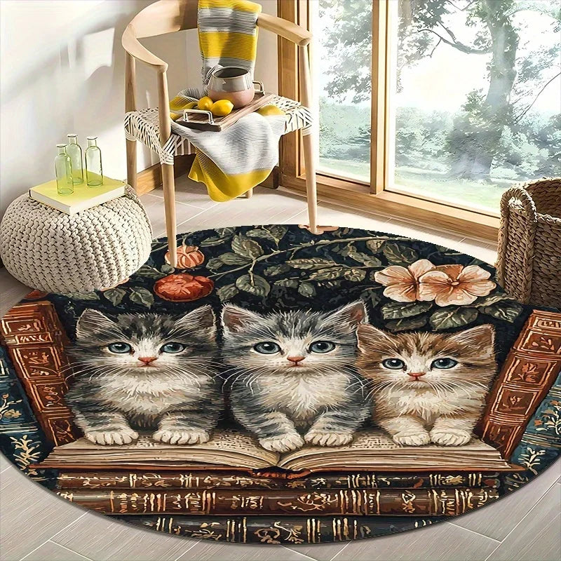 Cat and Book Style Flannel-printed round floor mat