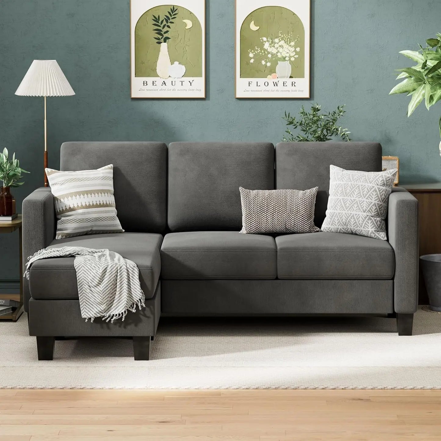 Sofa Couch, 3 Seat L-Shaped Sofa with Linen Fabric Ottoman