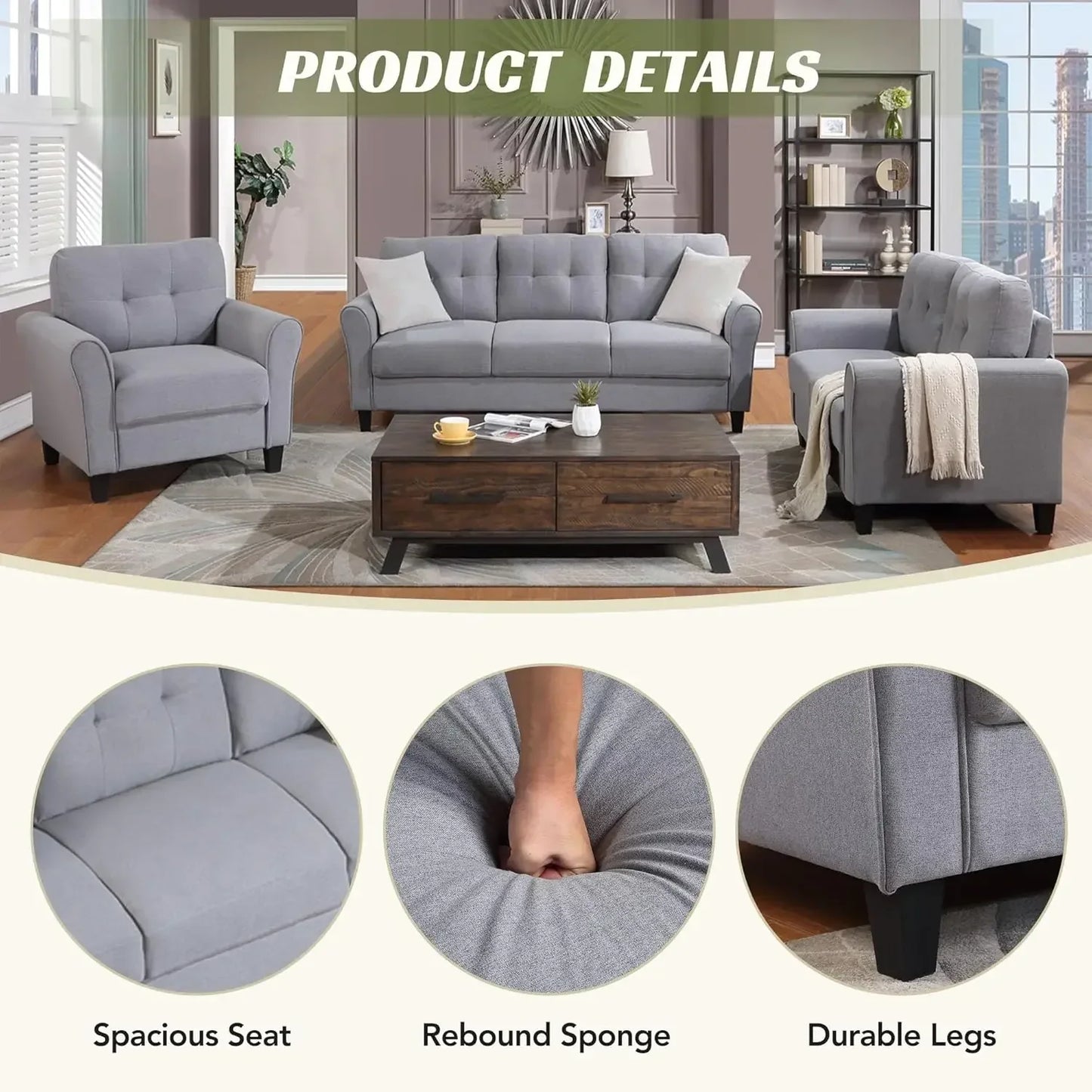 3-Piece Living Room Sectional Sofa Set, Upholstered Armchair Loveseat Sofa and Three Seat Sofa
