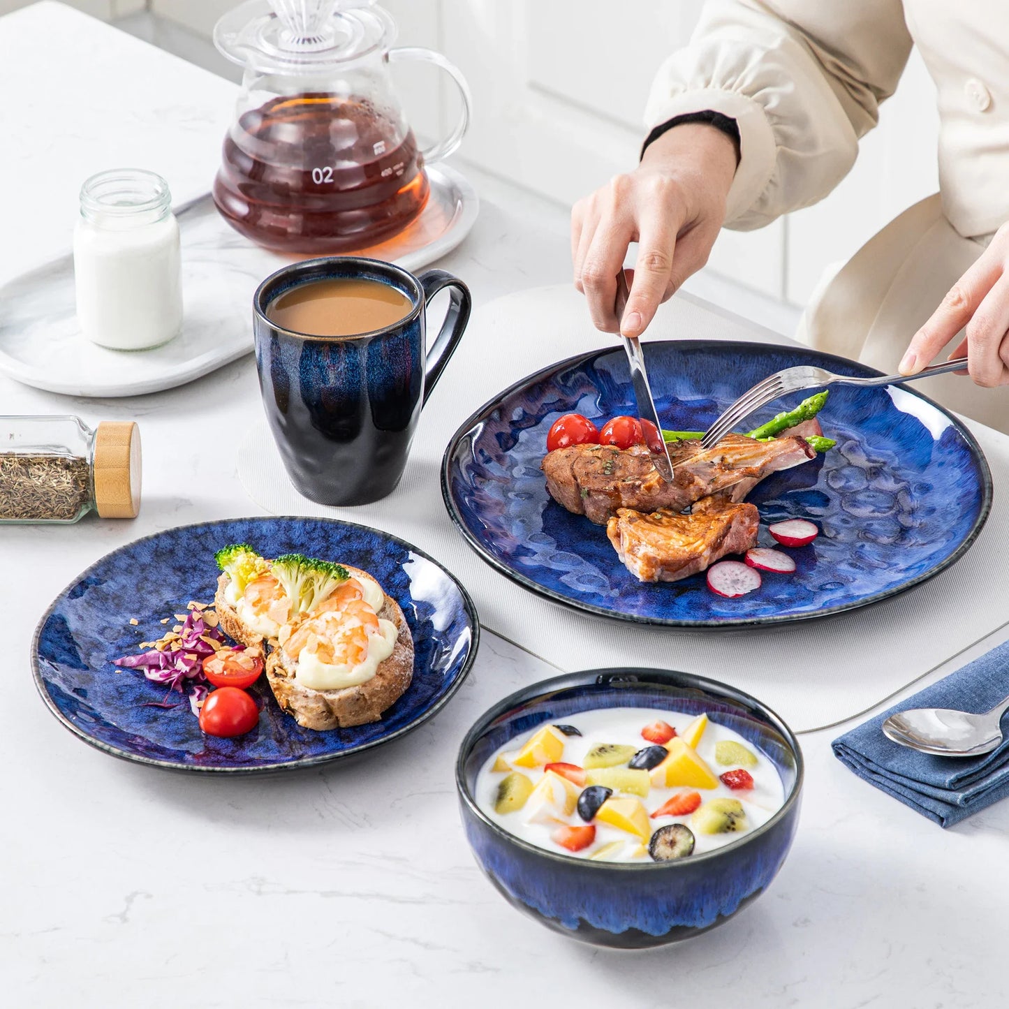 vancasso 16/32/48-Piece Starry Blue Dinner Set with Dinner Plate,Dessert Plate,Bowl,Mug