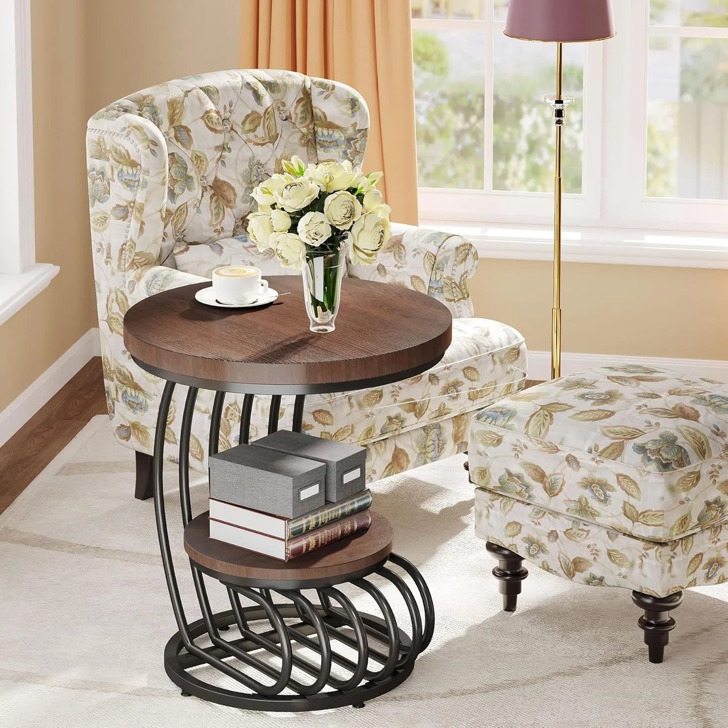 Round End Side Table: Side  Small Bedside Table Accent Table with Arc-Shaped Frame