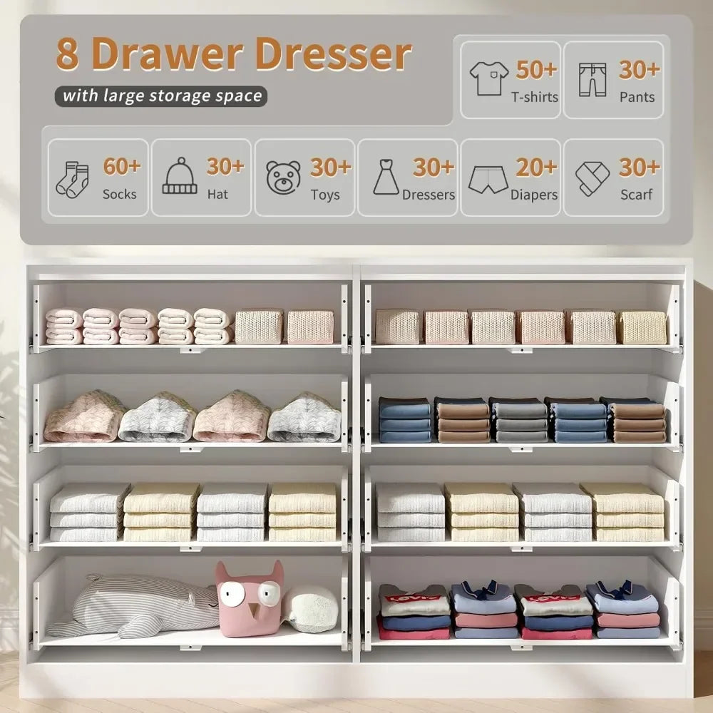 Fluted Dresser for Bedroom with 8 Drawer, 55”  Double Drawer Dresser