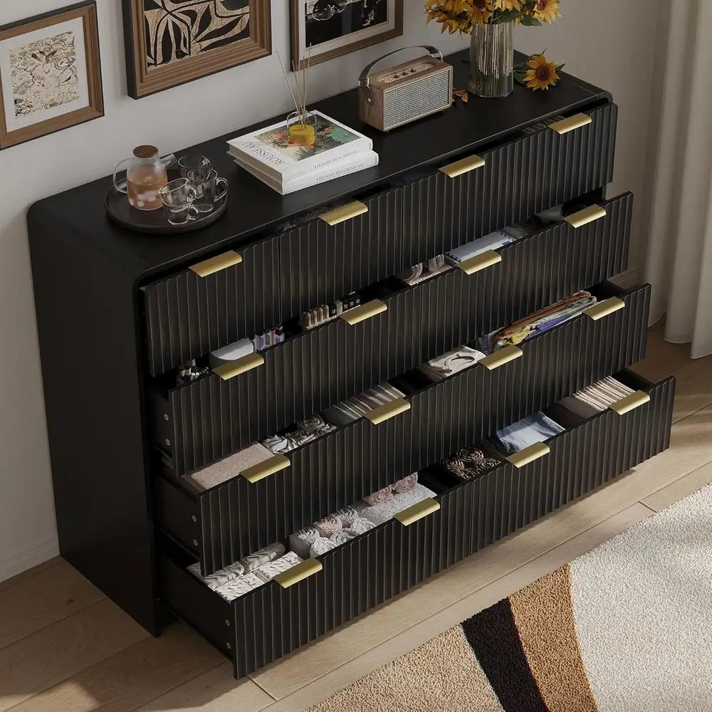 10-Drawer Wide Chest with Metal Handle for Bedroom in Black