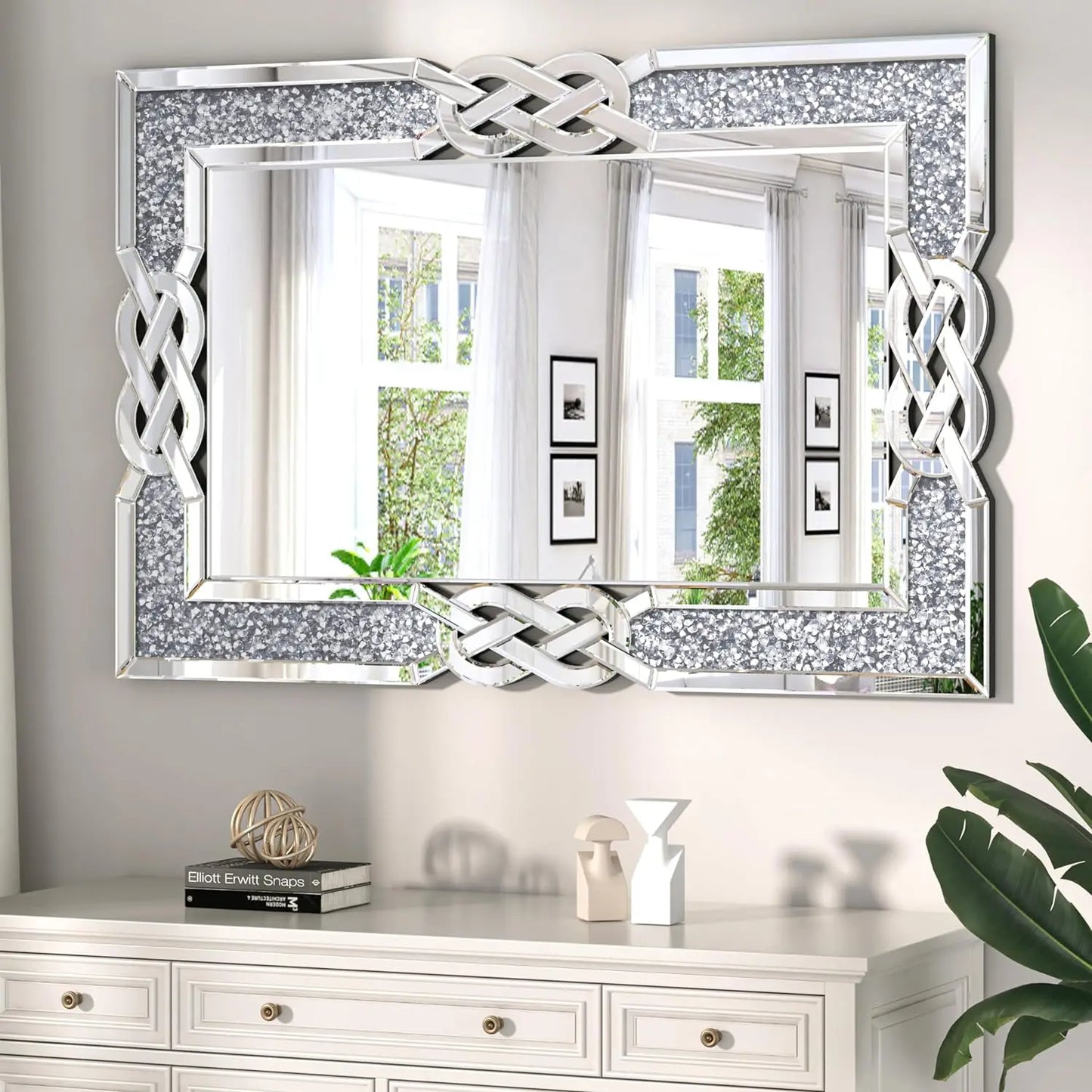 Large Crystal Crush Diamond Mirror Decorative Wall Hang Mirror for Bedroom Hallway Living Room