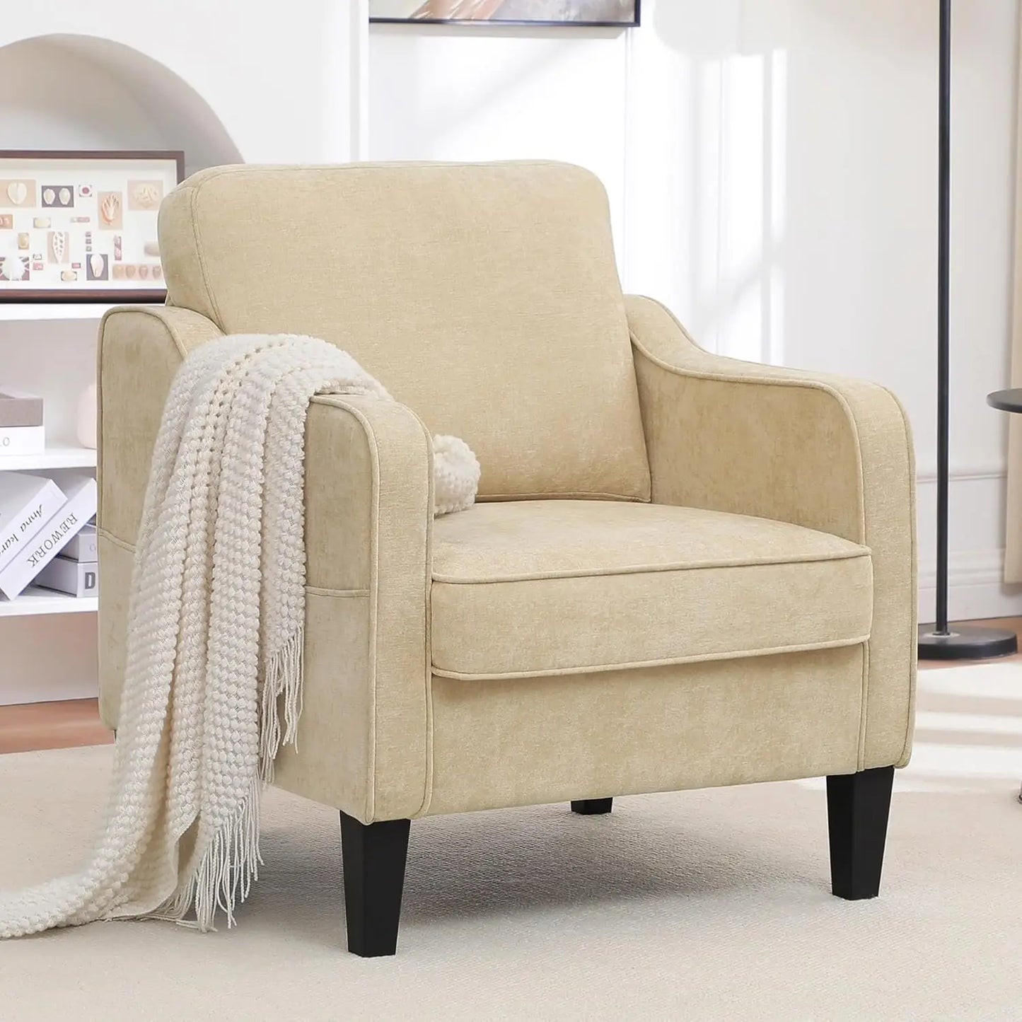 Accent Chair for Living Room, Mid Century Modern Reading Chair , Upholstered Armchair with Side Pockets,