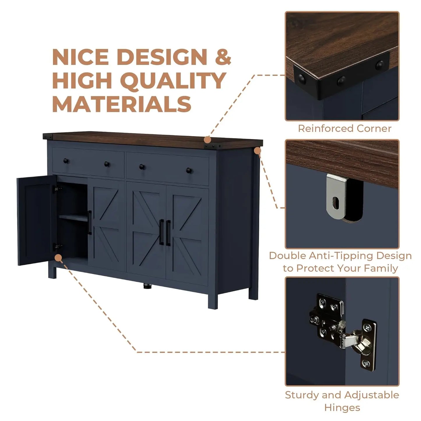 Buffet Cabinet with Storage Farmhouse with 4 Doors and 2 Drawers, 55'' Large Kitchen Storage  Blue Wood