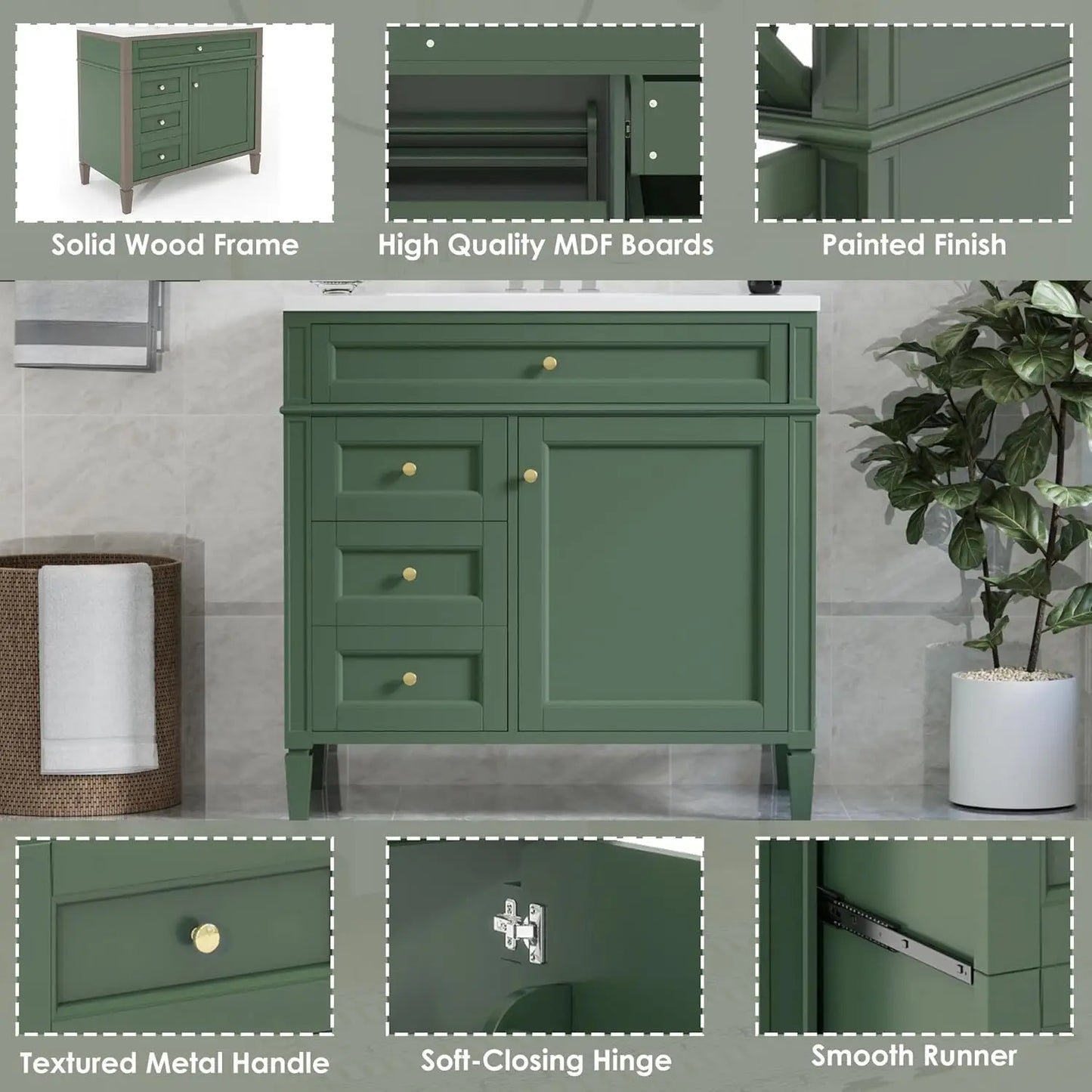 36in Solid Wood Bathroom Vanity with Soft-Close Doors & Tip-Out Drawer Undermount Sink Cabinet Green
