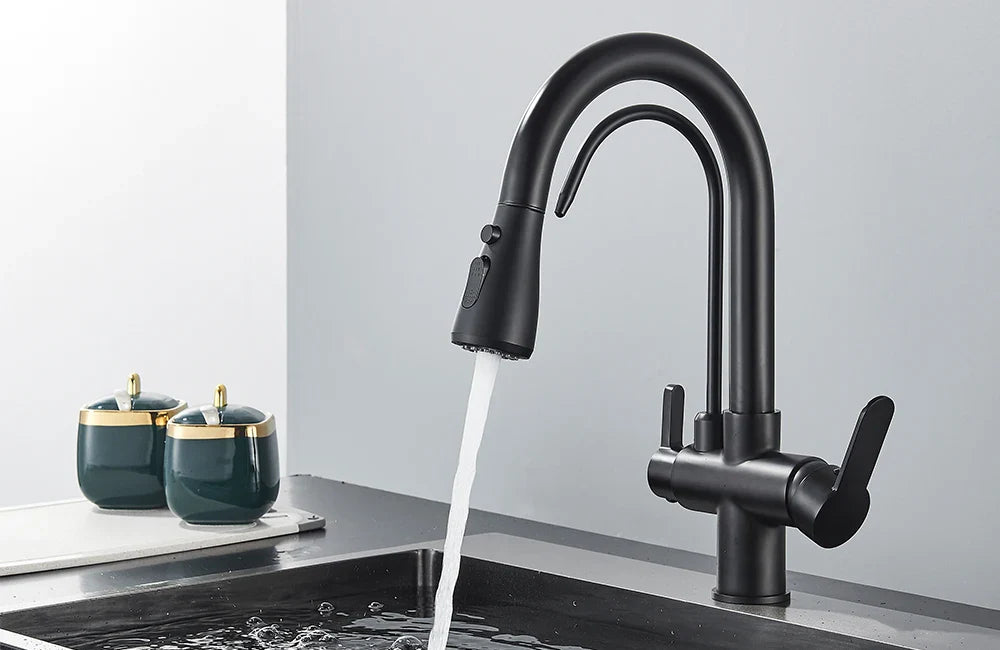 Quyanre Matte Black Filtered Crane For Kitchen Pull Out Spray 360 Rotation Water Sink Mixer Kitchen Faucet