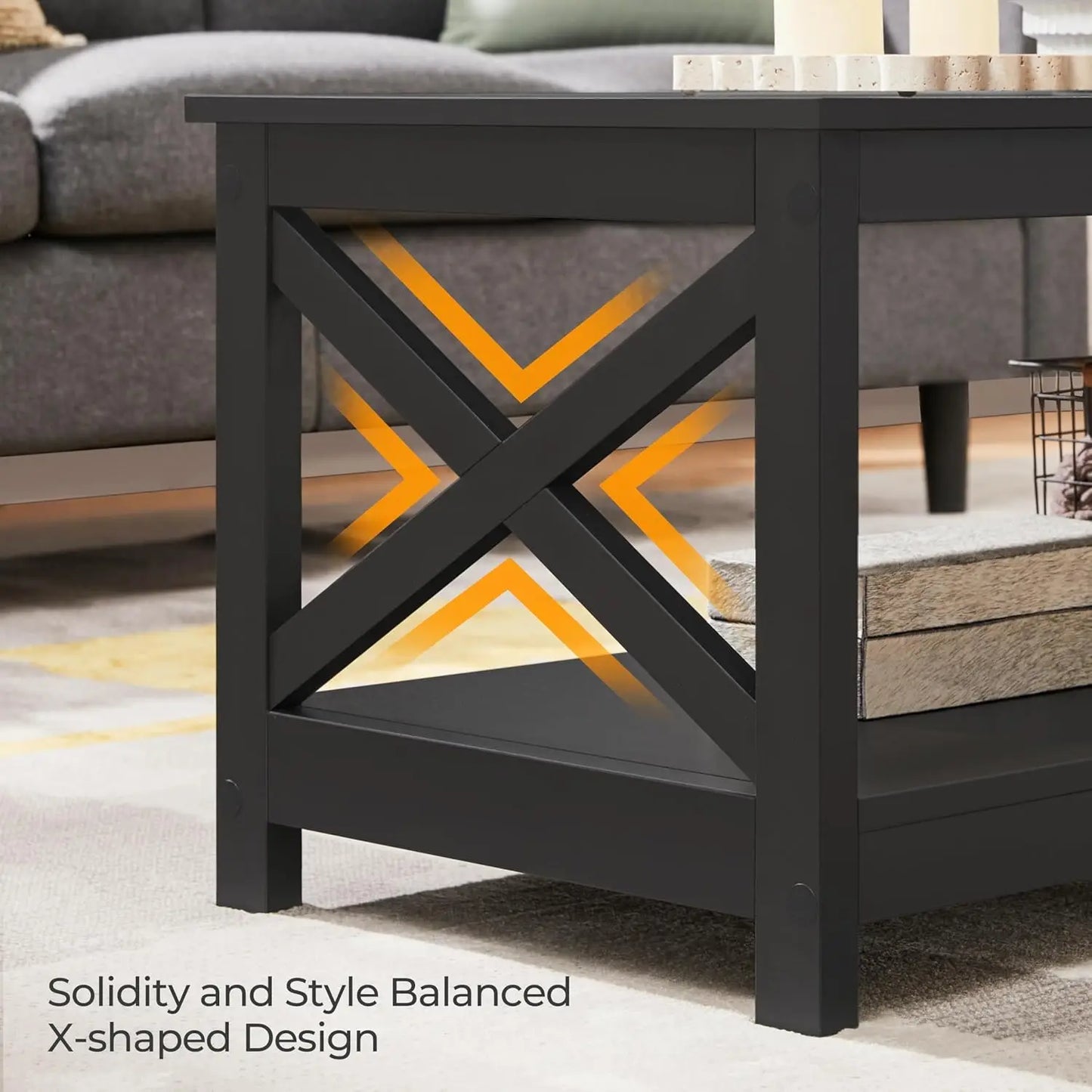Wood 2-Tier Black Coffee Table with Storage Shelf for Living Room,