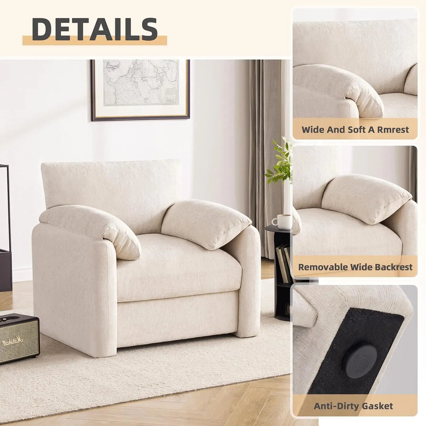 38.6in Chenille Oversized Armchair Mid-Century Upholstered Living Room Bedroom Beige
