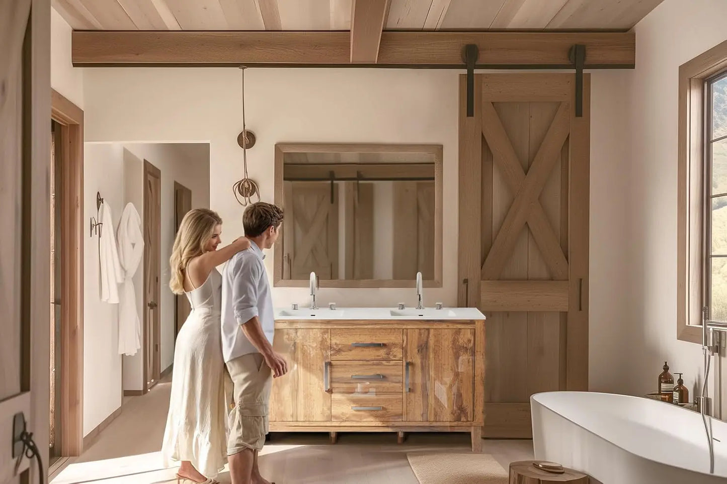 60in Double Bathroom Vanity High Gloss Woodgrain Storage 3 Hole Sink 2 Soft Close Doors Oak