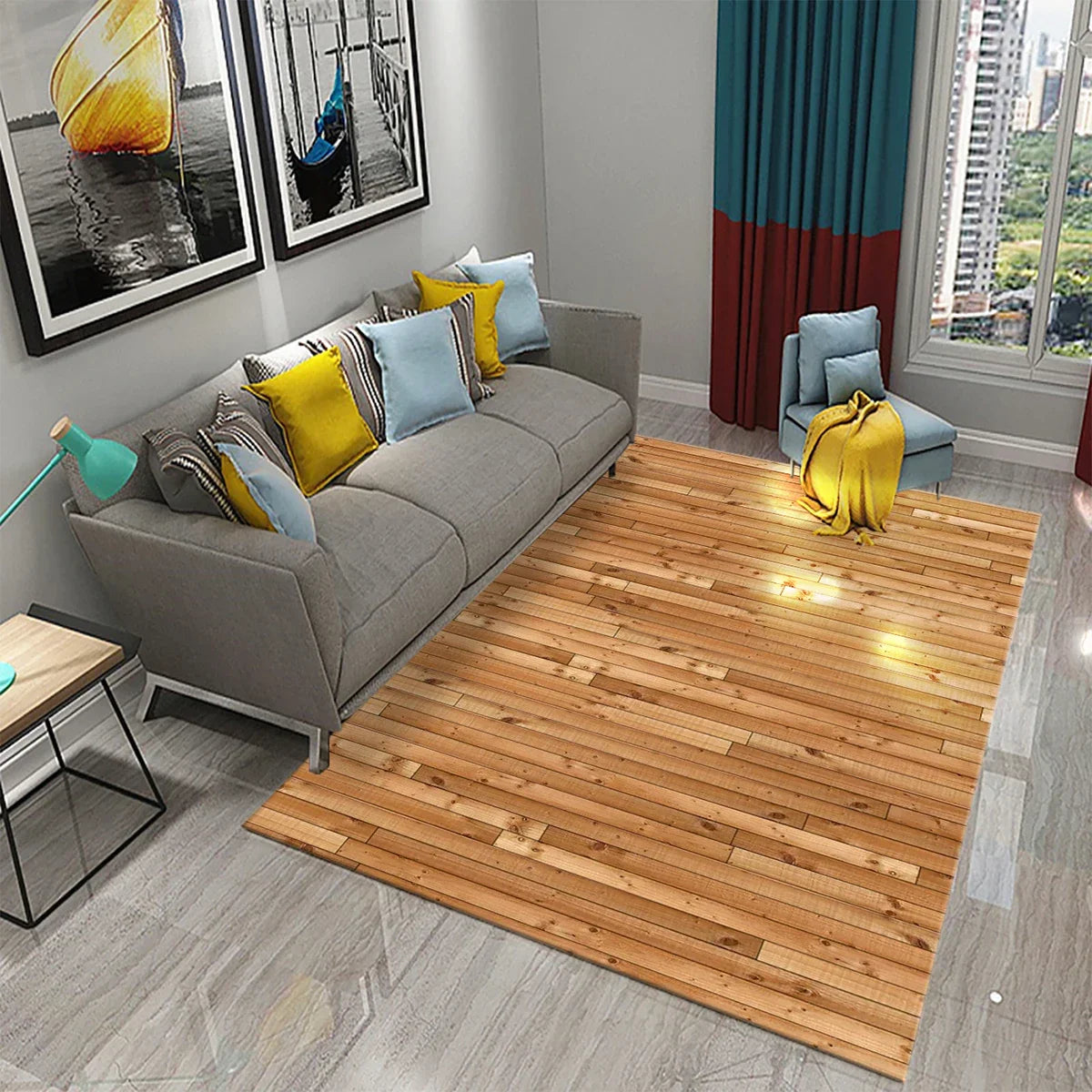 Rectangular Staggered 3d Planks Carpet Geometric Wood Grain Non-Slip Floor Rug
