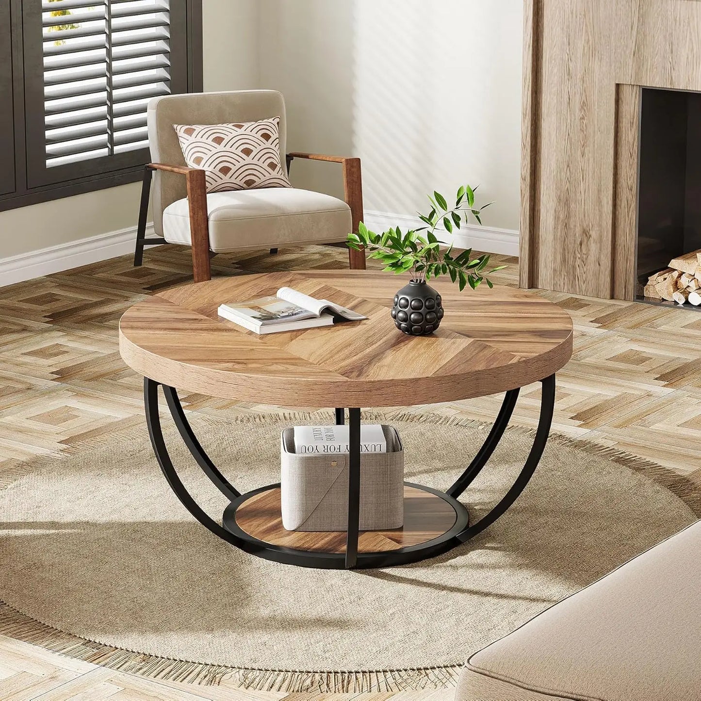 32" Circle Marble Coffee Tables, 2-Tier Golden Metal Legs
