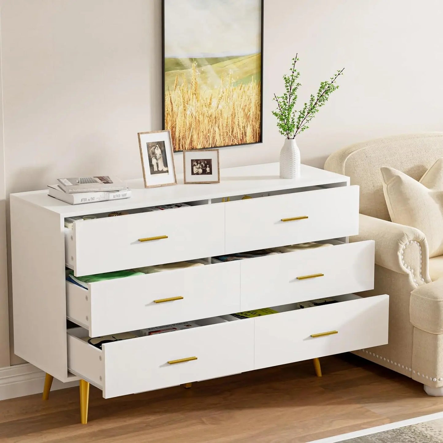 Walnut Brown Dresser  6 Drawer with Wide Drawers and Metal Knob