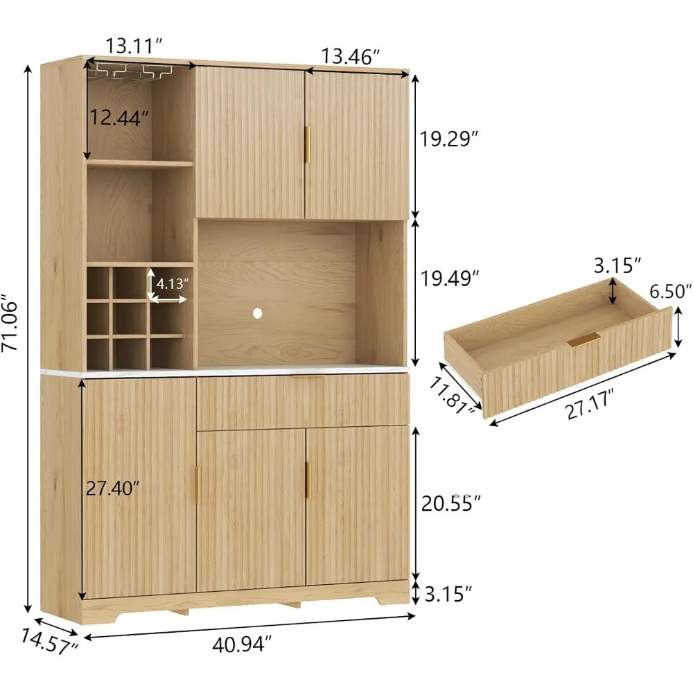 72” Tall Kitchen Pantry Cabinet, Fluted Storage Cabinet with Microwave Stand, Wine Bar Cabinet with Storage Hutch