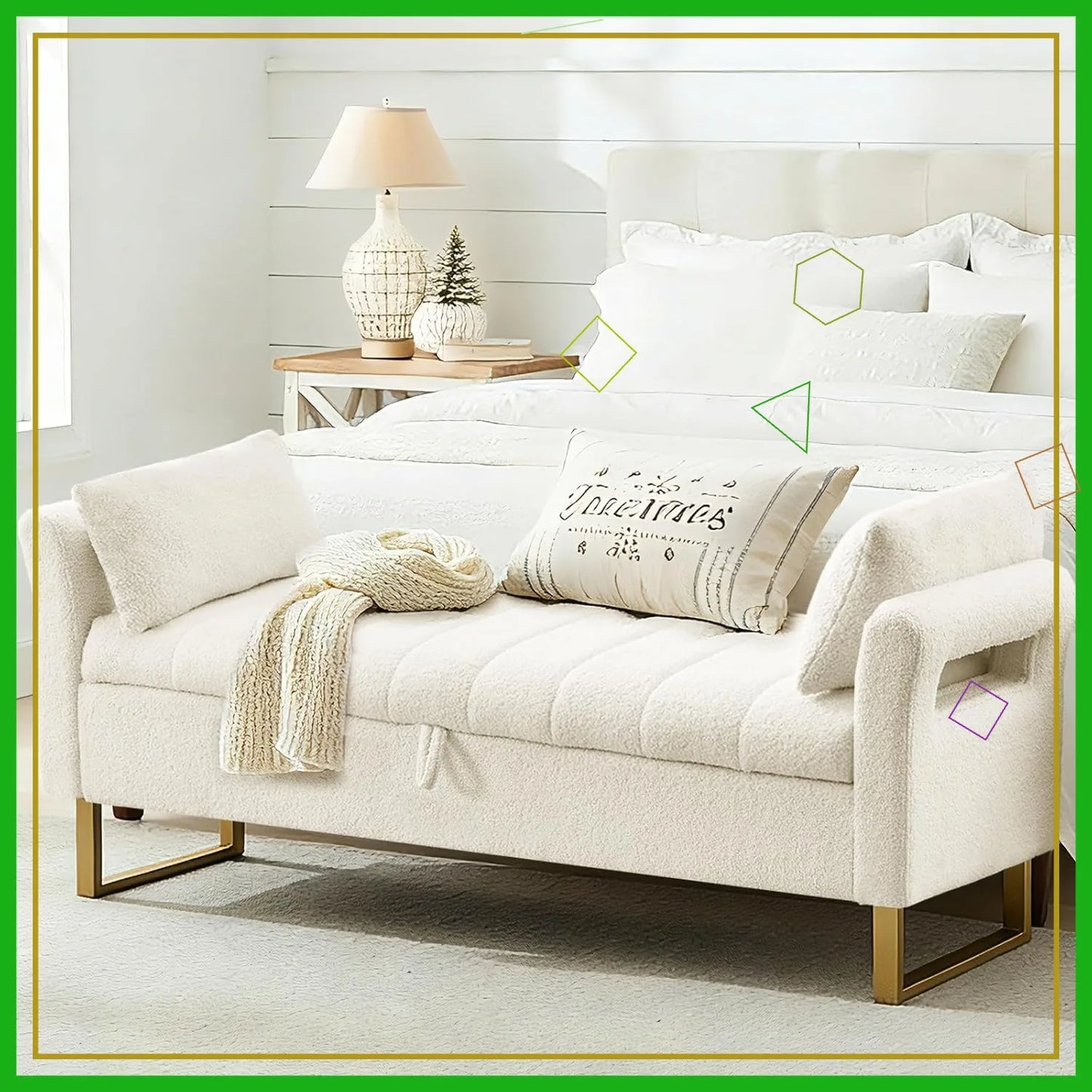 66'' King Size Storage Bench with Gold Legs, Cream White Teddy Ottoman
