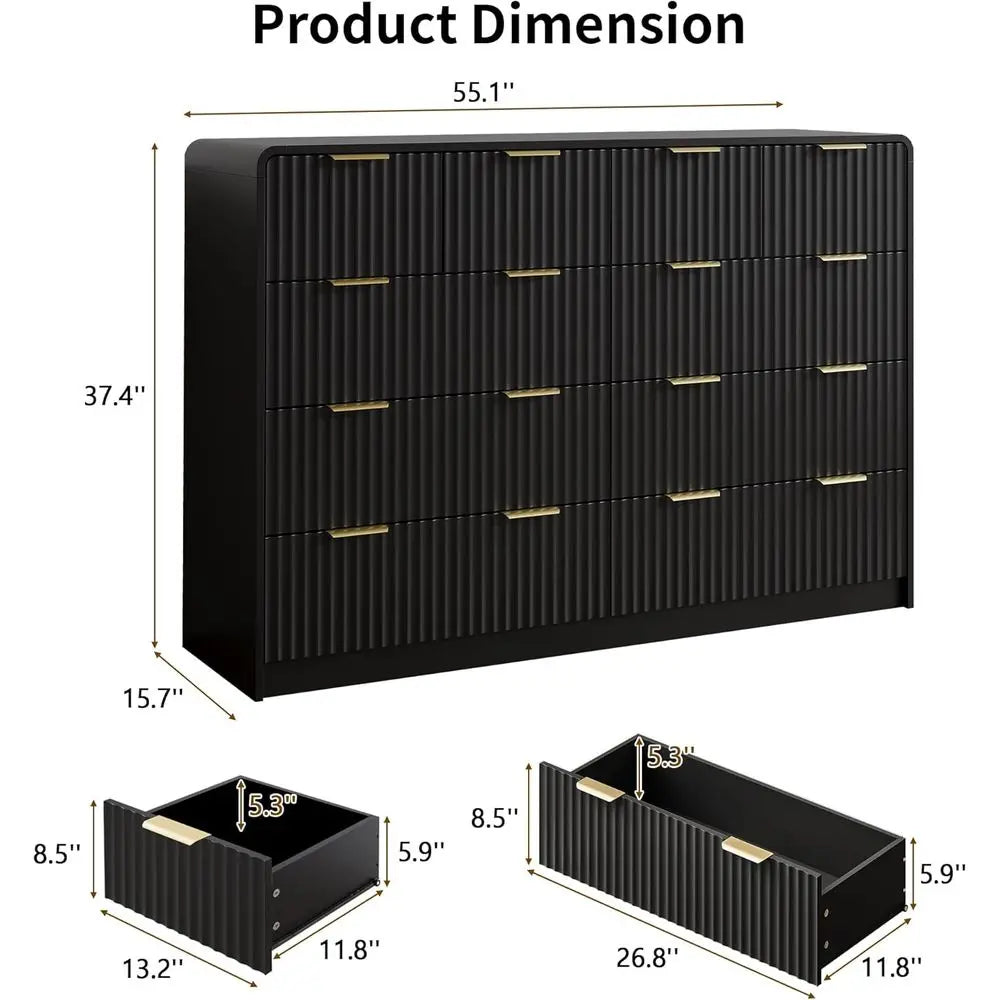 10-Drawer Wide Chest with Metal Handle for Bedroom in Black