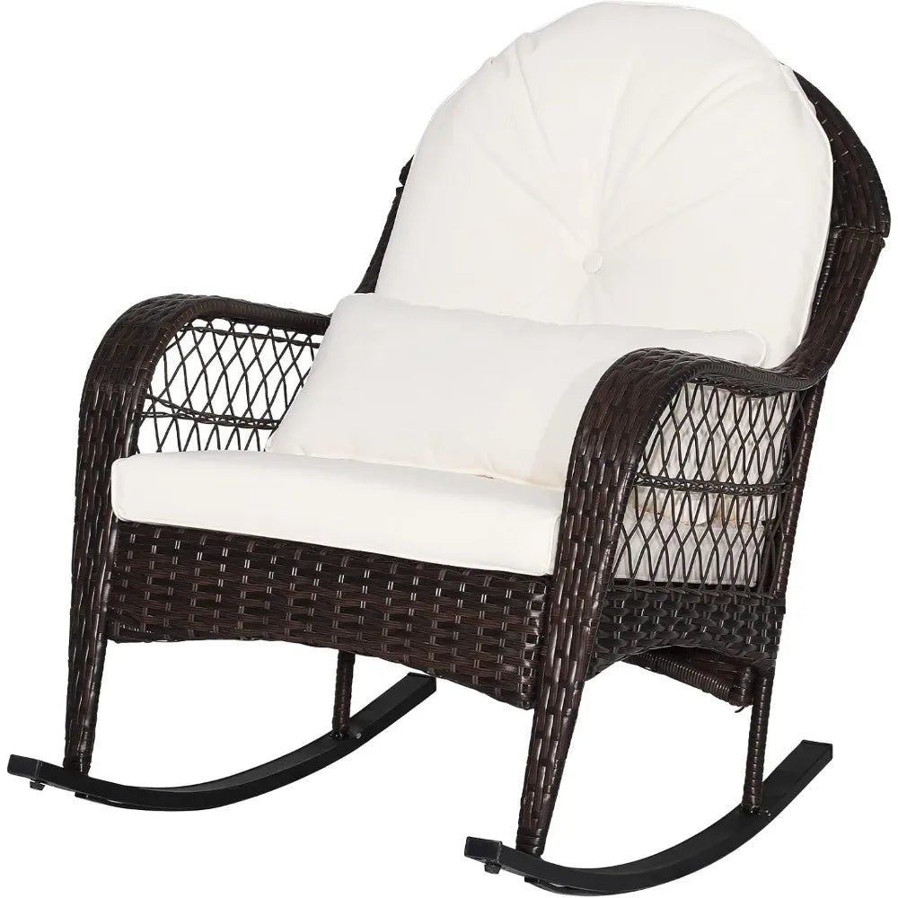 Patio Wicker Rocking Chair, Outdoor Rocker with Seat and Back Cushion, Waist Pillow, Armrests, Garden Chair