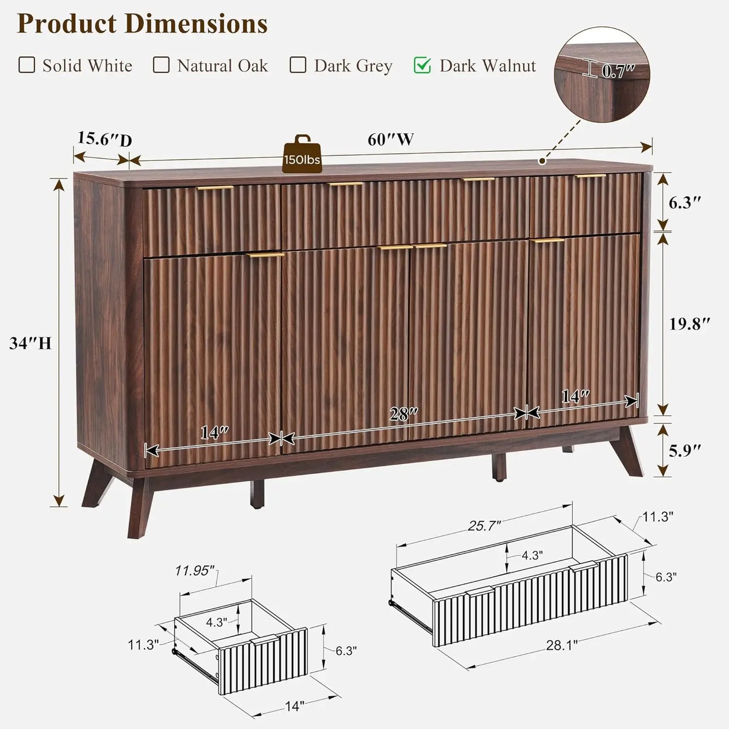 Fluted Buffet Sideboard Cabinet With Storages, Coffee ,Wine Bar Storage Cabinet With 3 Drawers