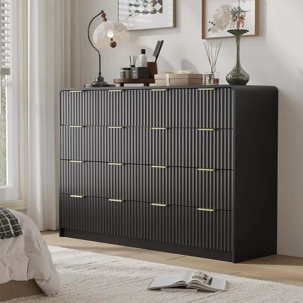 10-Drawer Wide Chest with Metal Handle for Bedroom in Black