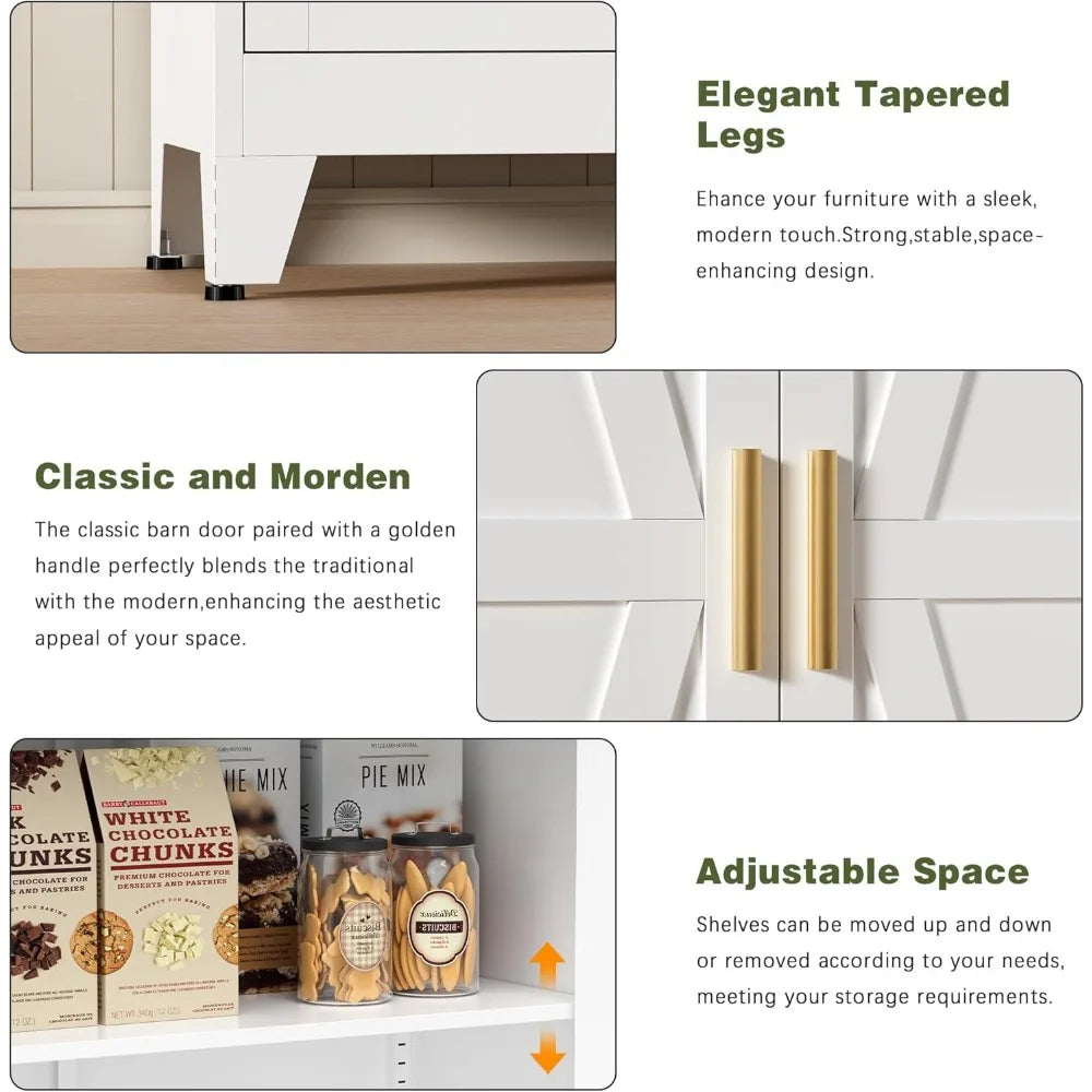 Exquisite White Farmhouse Storage Pantry Cabinet with 2 Barn Door, 3 Adjustable Shelves and Legs, Cupboard/Dining Ro