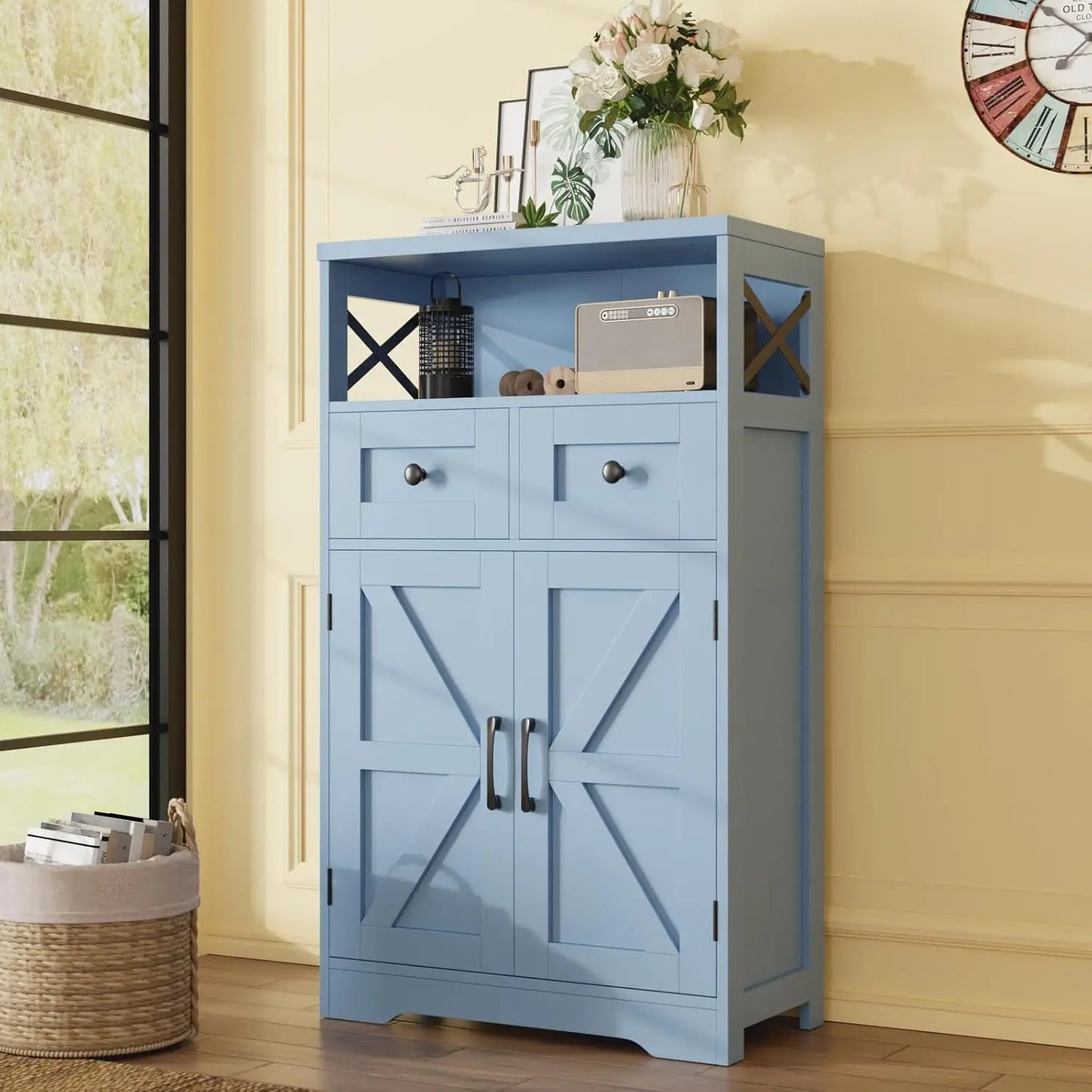 Farmhouse Blue Storage Cabinet with Barn Doors & Drawers, Kitchen Pantry Organizer for Home