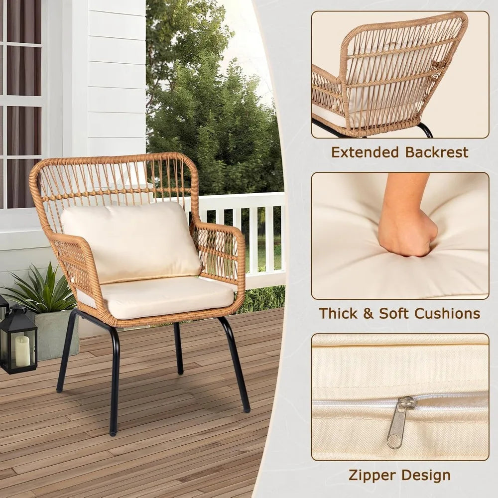 3 Piece Outdoor Wicker Bistro Set,  w/2 Large Rattan Chairs and Tempered Glass Table, Patio Furniture