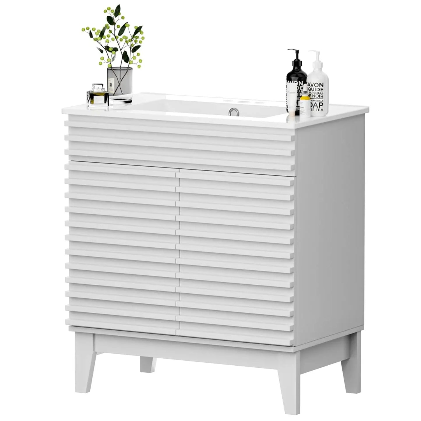 30" Mid-Century Bathroom Vanity Cabinet Ceramic Sink Soft Close Doors Freestanding