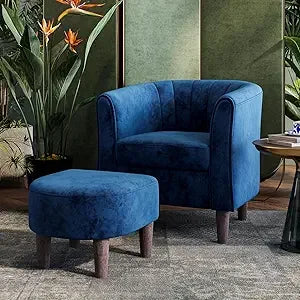 Accent Chair Ottoman Set: Chenille Barrel Chair with Foot Rest,  Upholstered