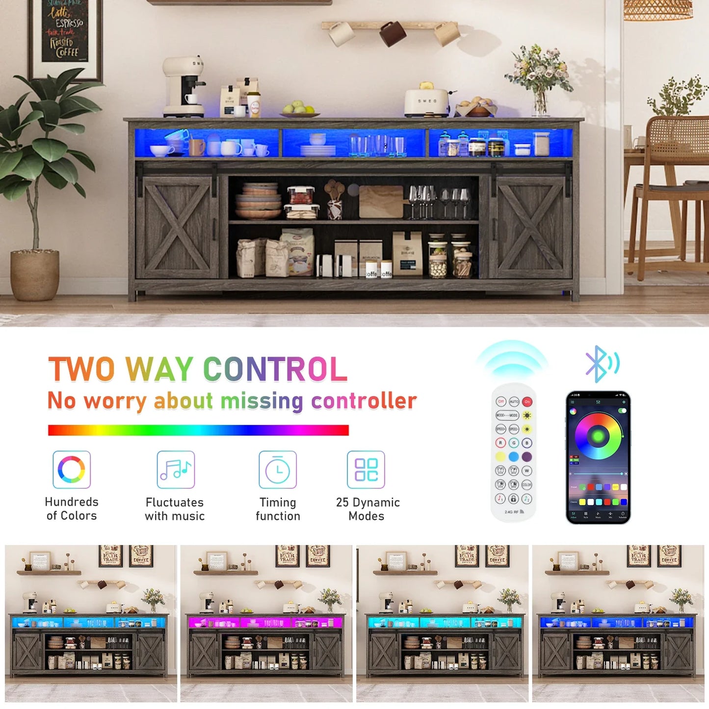 TV Stand Farmhouse Coffee Bar Cabinet Rustic Sliding Barn Door Cabinet with Power Outlet & LED Light