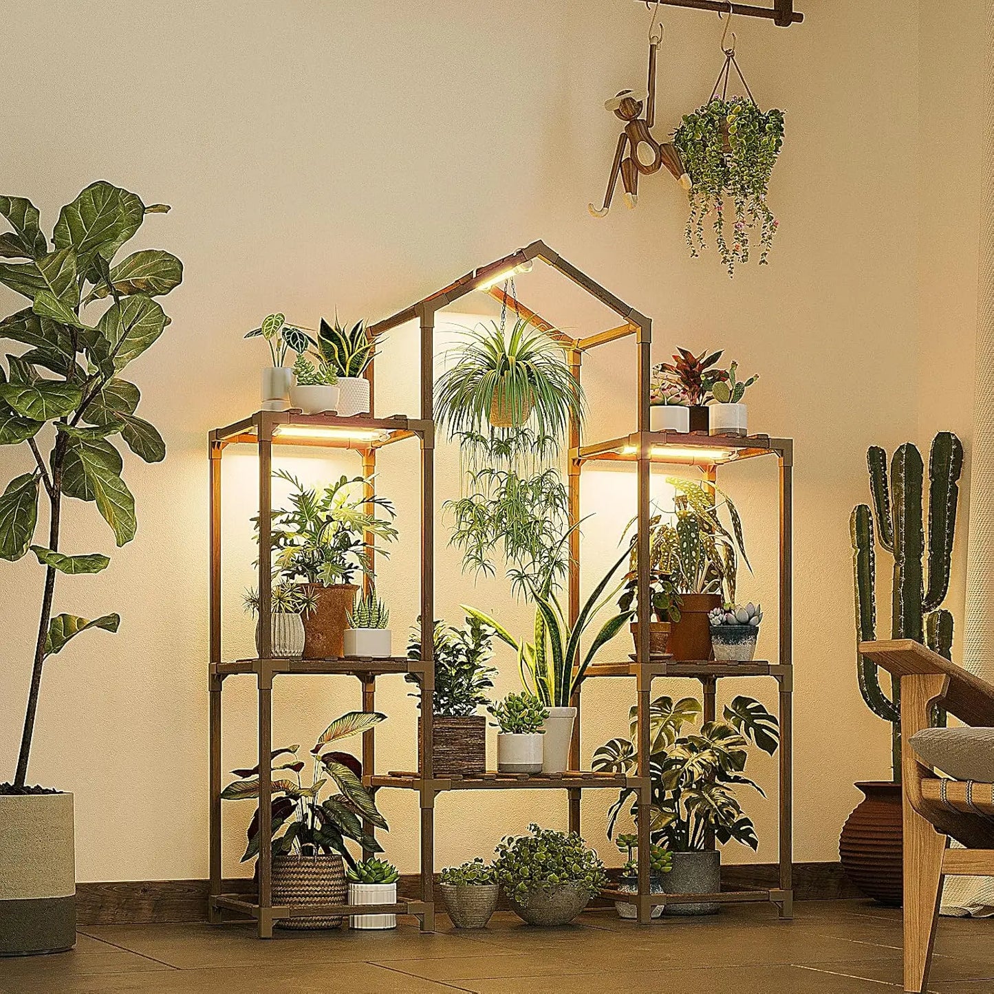 Wood Plant Shelf with Grow Lights for Indoor Hanging Planter Pots  Living Room Patio