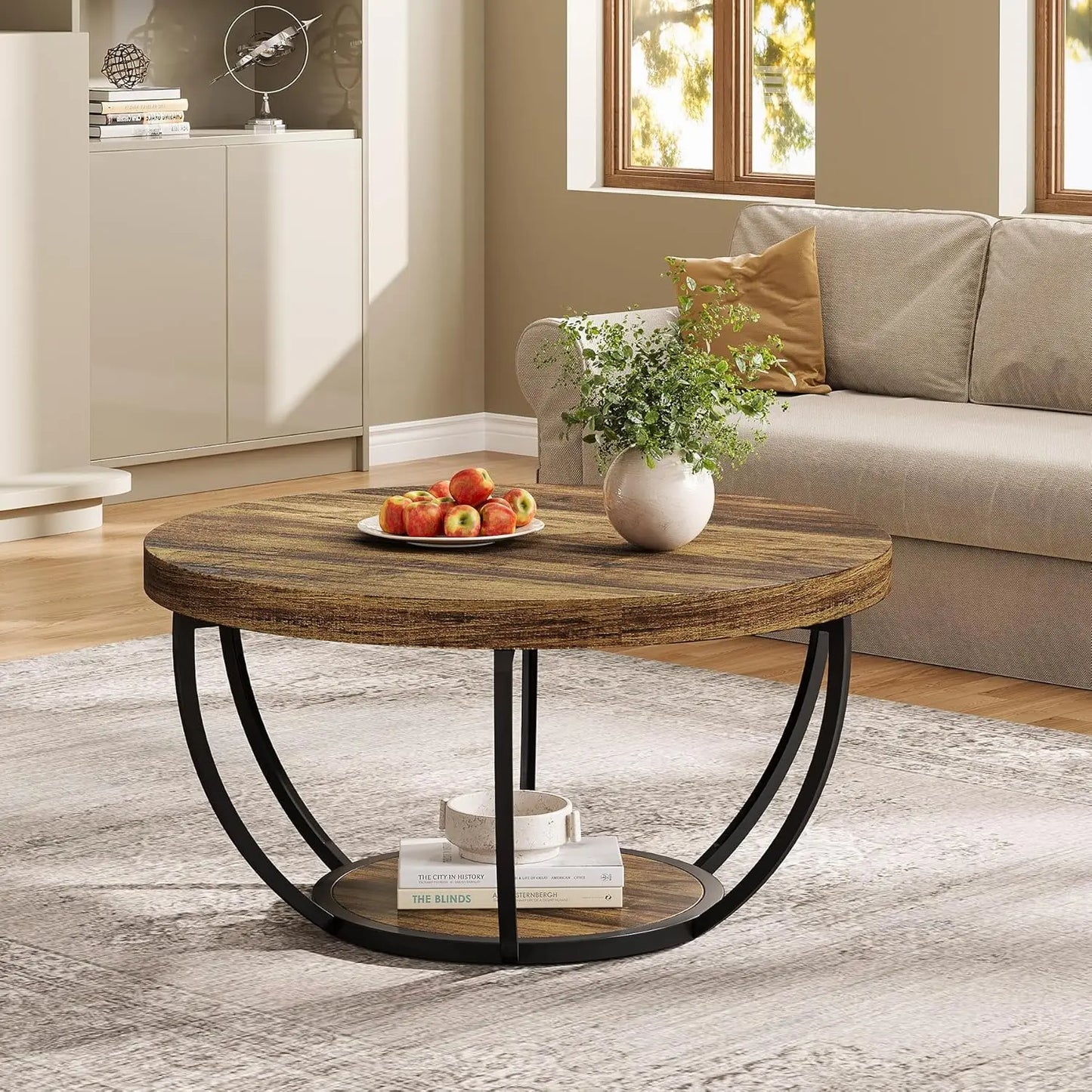 32" Circle Marble Coffee Tables, 2-Tier Golden Metal Legs